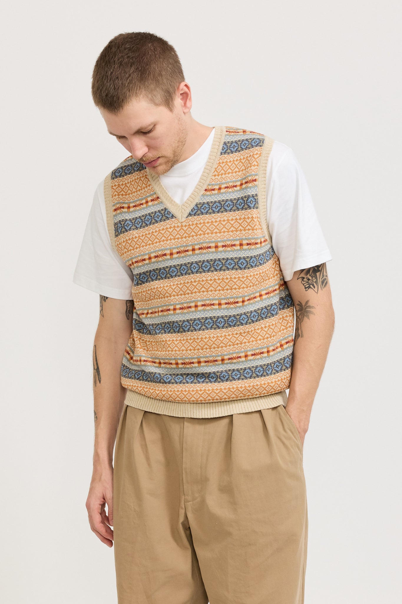 Cotton Linen Vest Fair Isle Pattern Beige