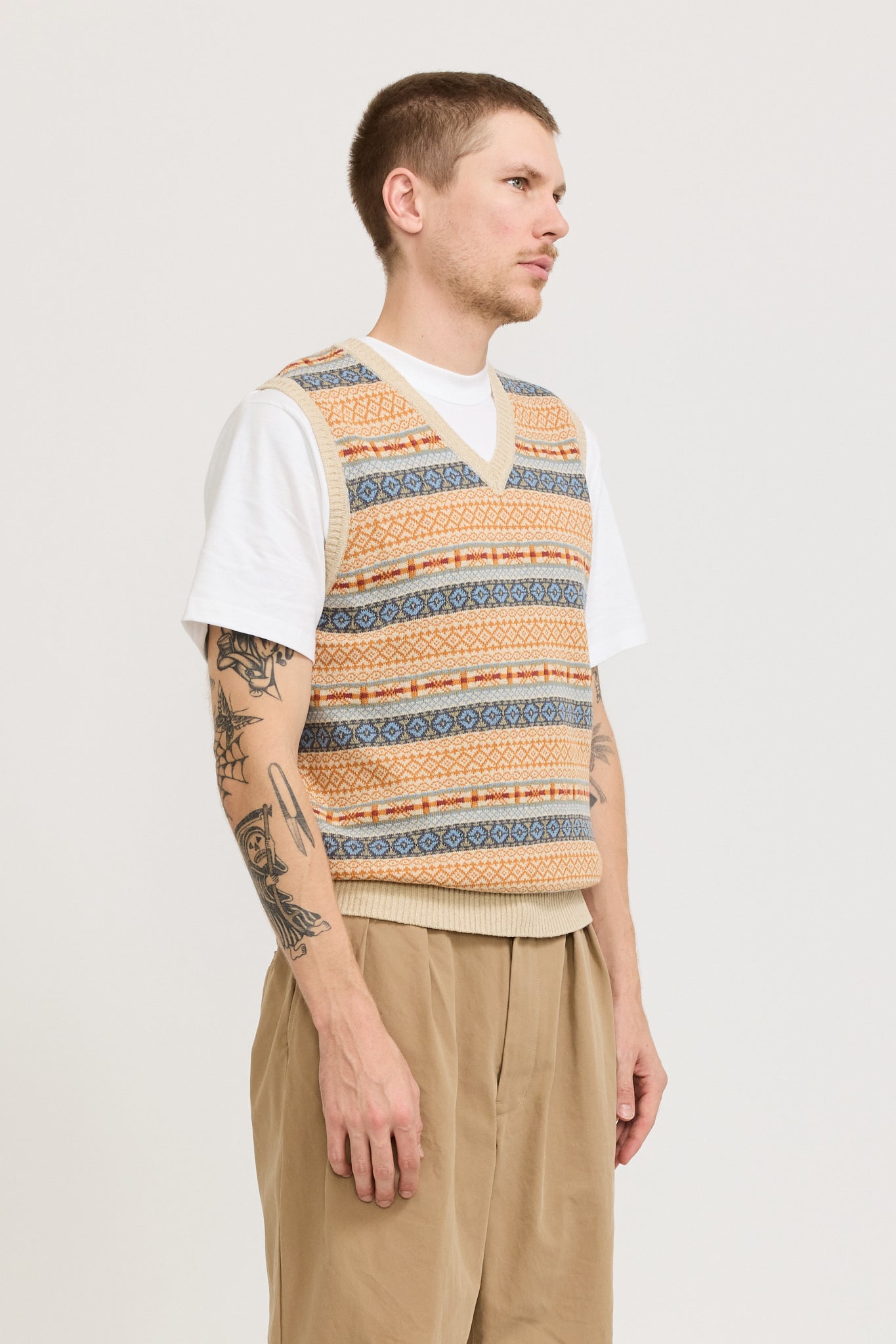 Cotton Linen Vest Fair Isle Pattern Beige