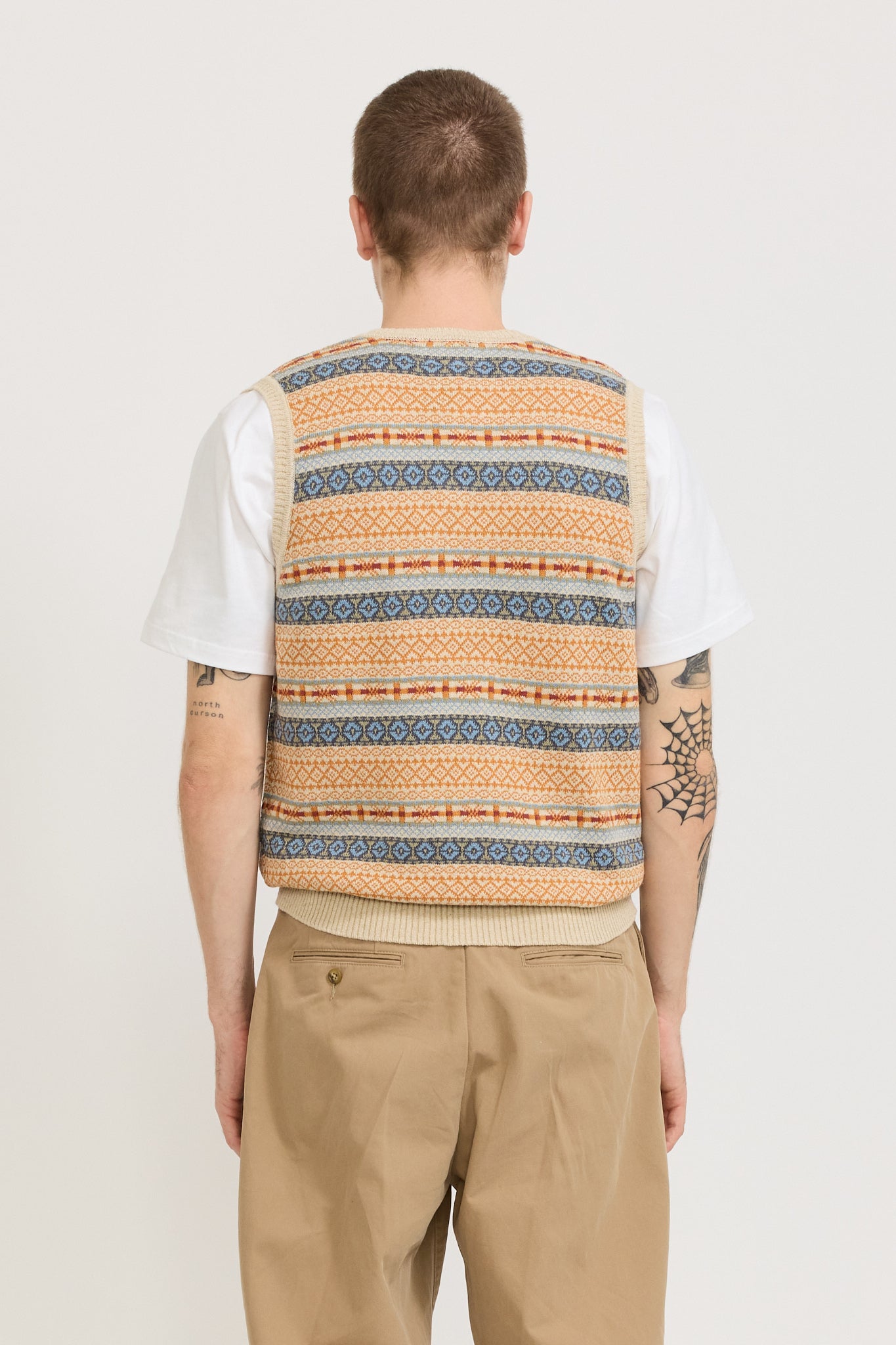 Cotton Linen Vest Fair Isle Pattern Beige