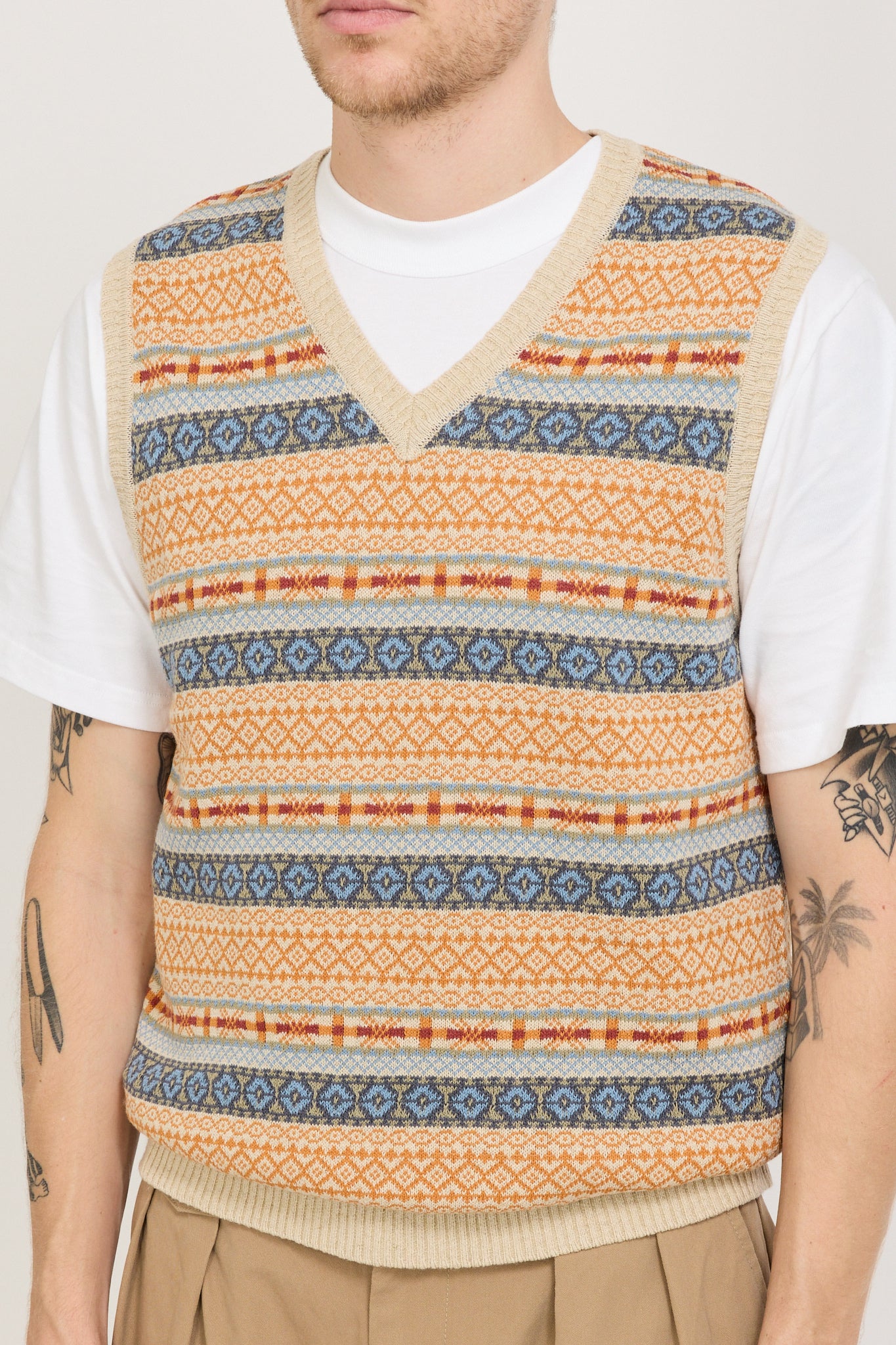 Cotton Linen Vest Fair Isle Pattern Beige