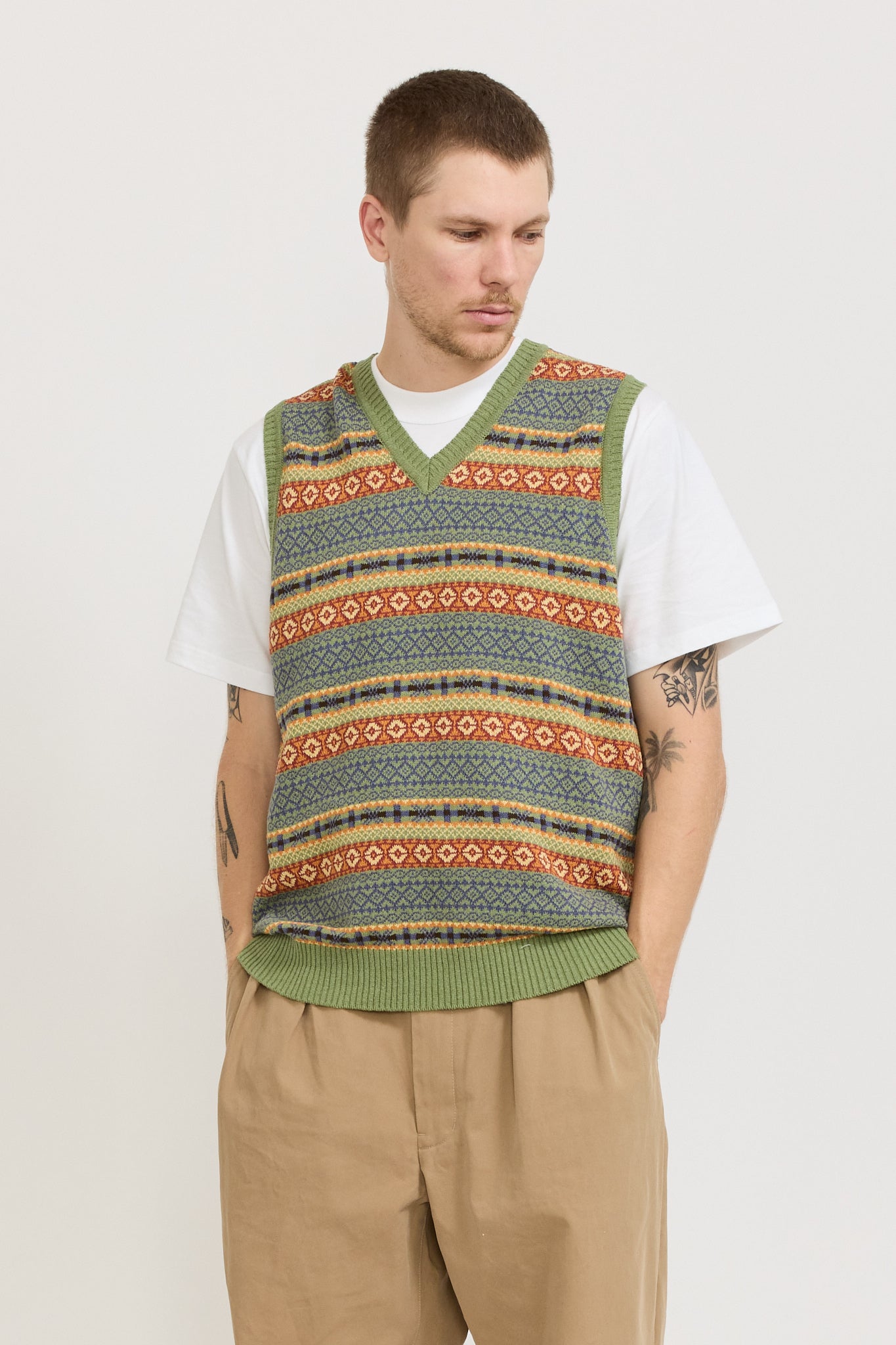 Cotton Linen Vest Fair Isle Pattern Green