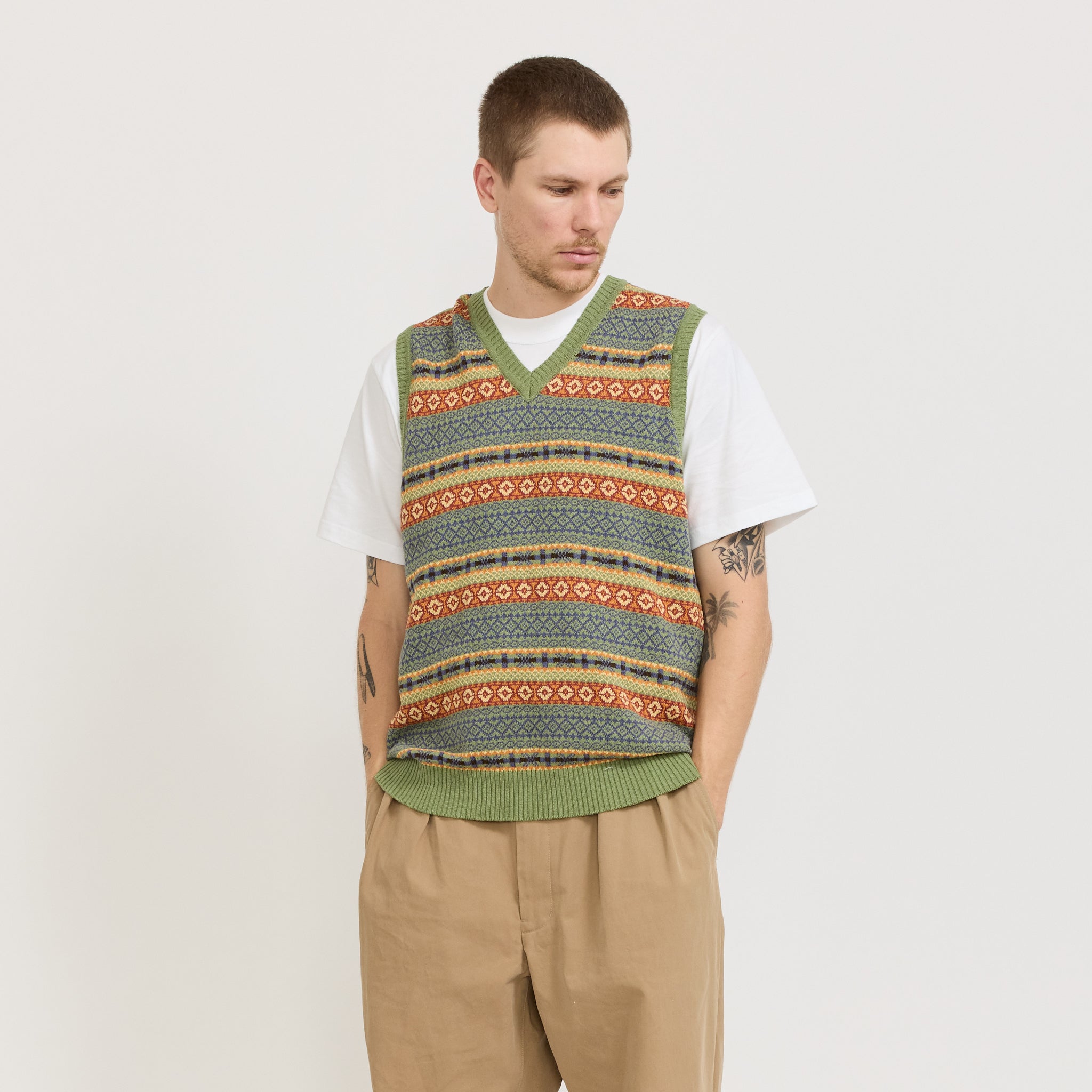 Cotton Linen Vest Fair Isle Pattern Green