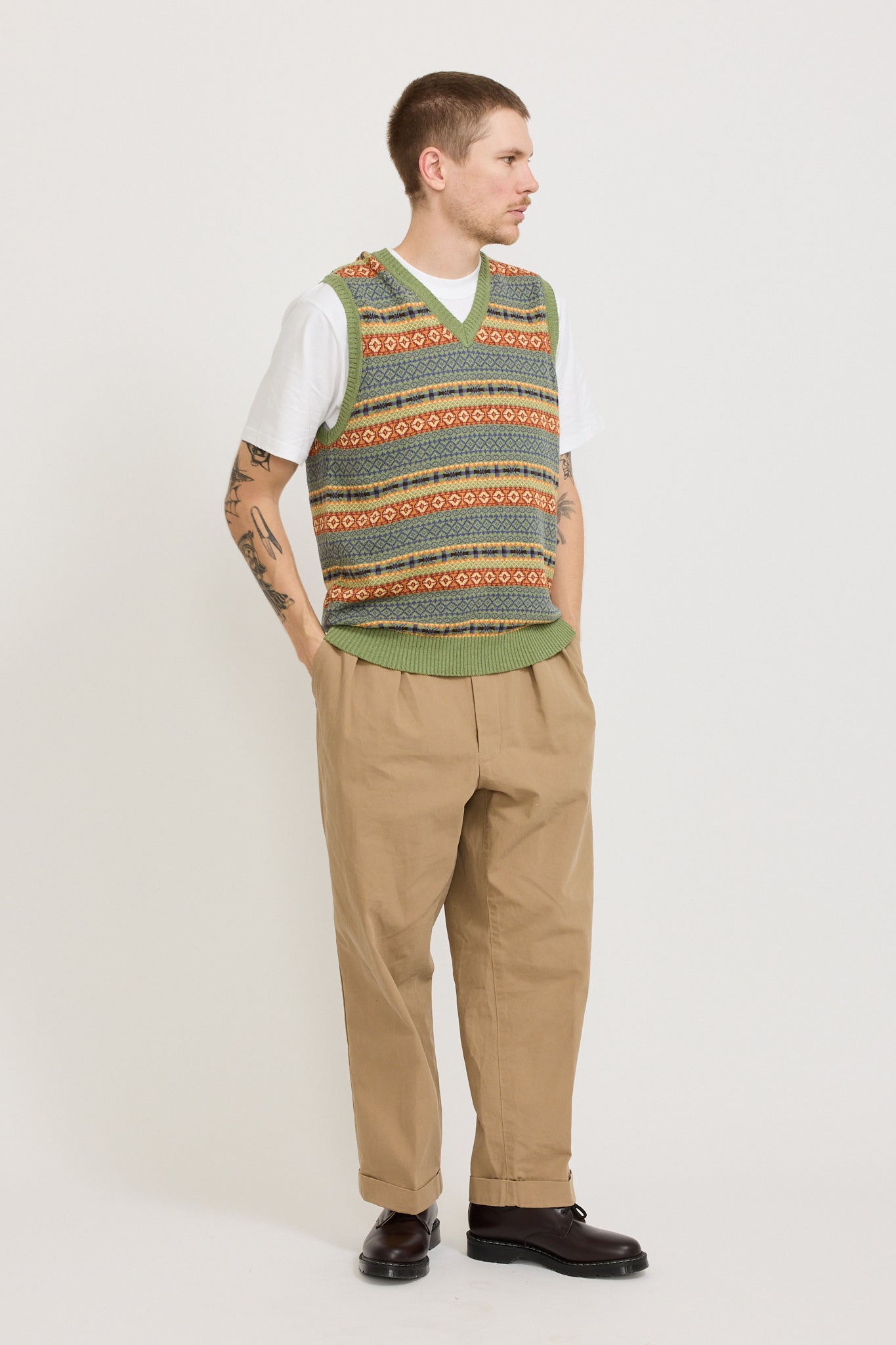 Cotton Linen Vest Fair Isle Pattern Green