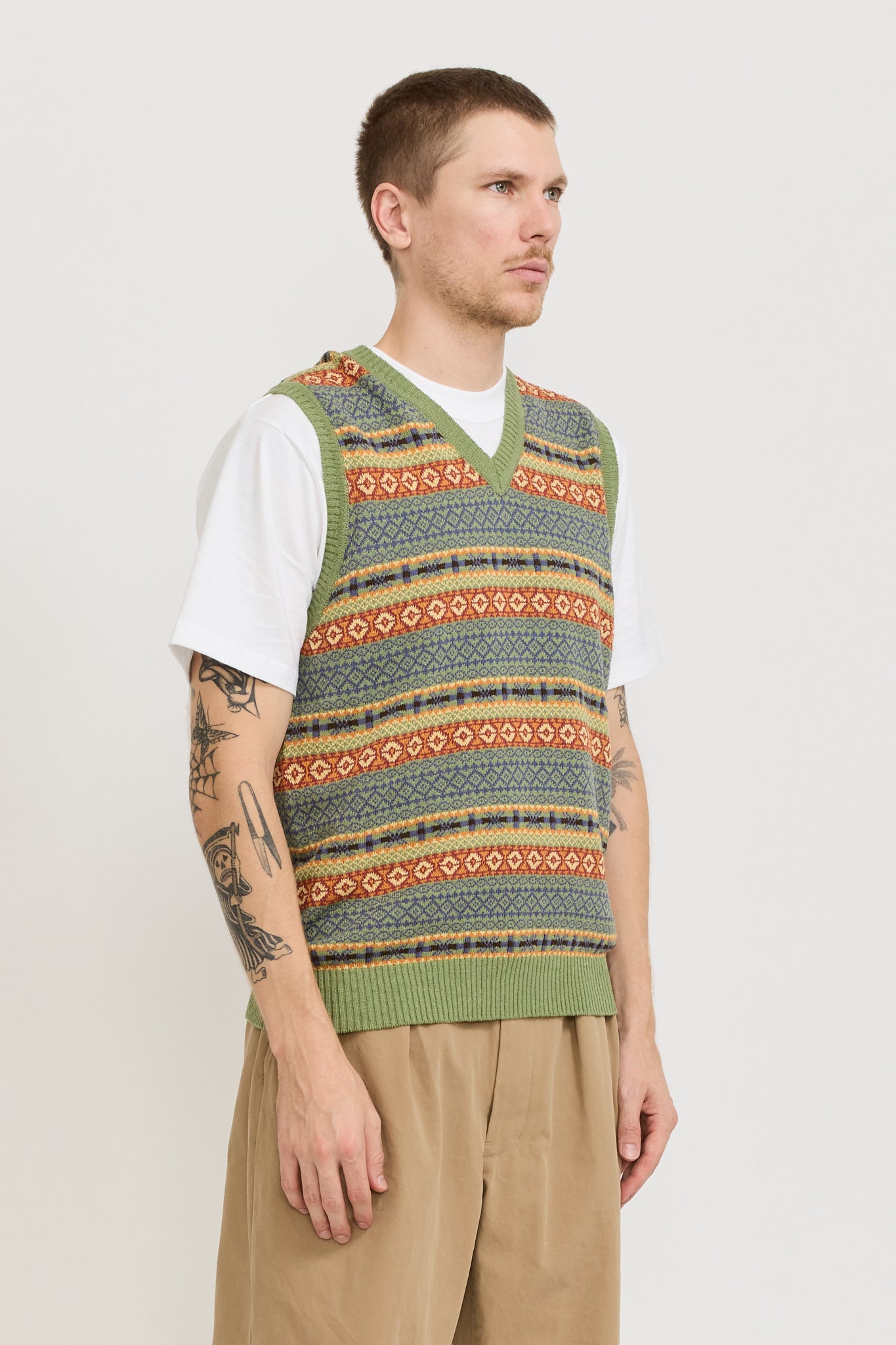 Cotton Linen Vest Fair Isle Pattern Green