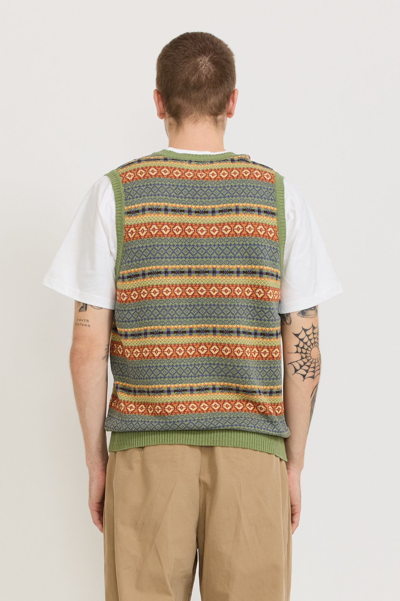 Cotton Linen Vest Fair Isle Pattern Green