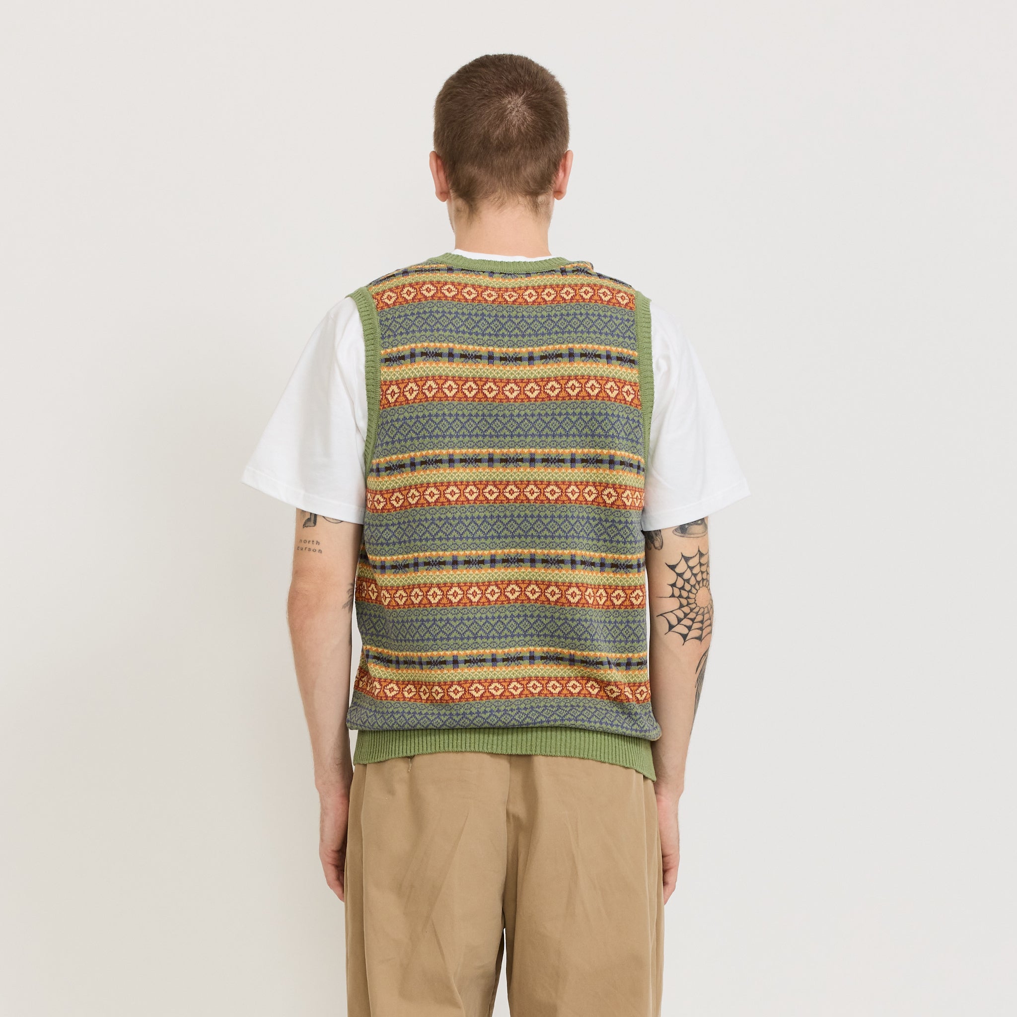 Beams Plus Cotton Linen Vest Fair Isle Pattern Green