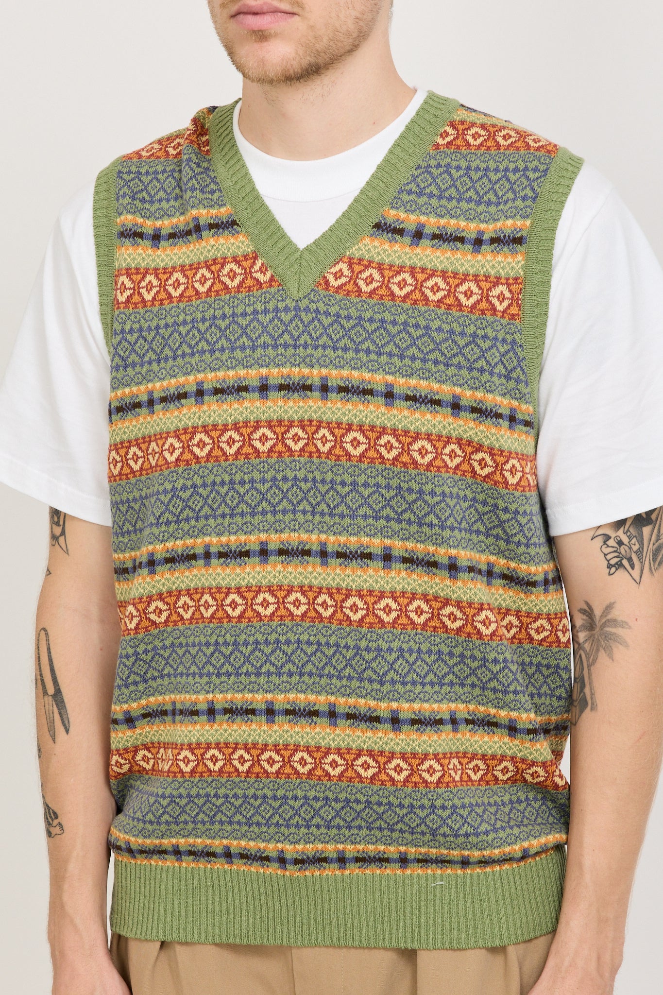 Cotton Linen Vest Fair Isle Pattern Green