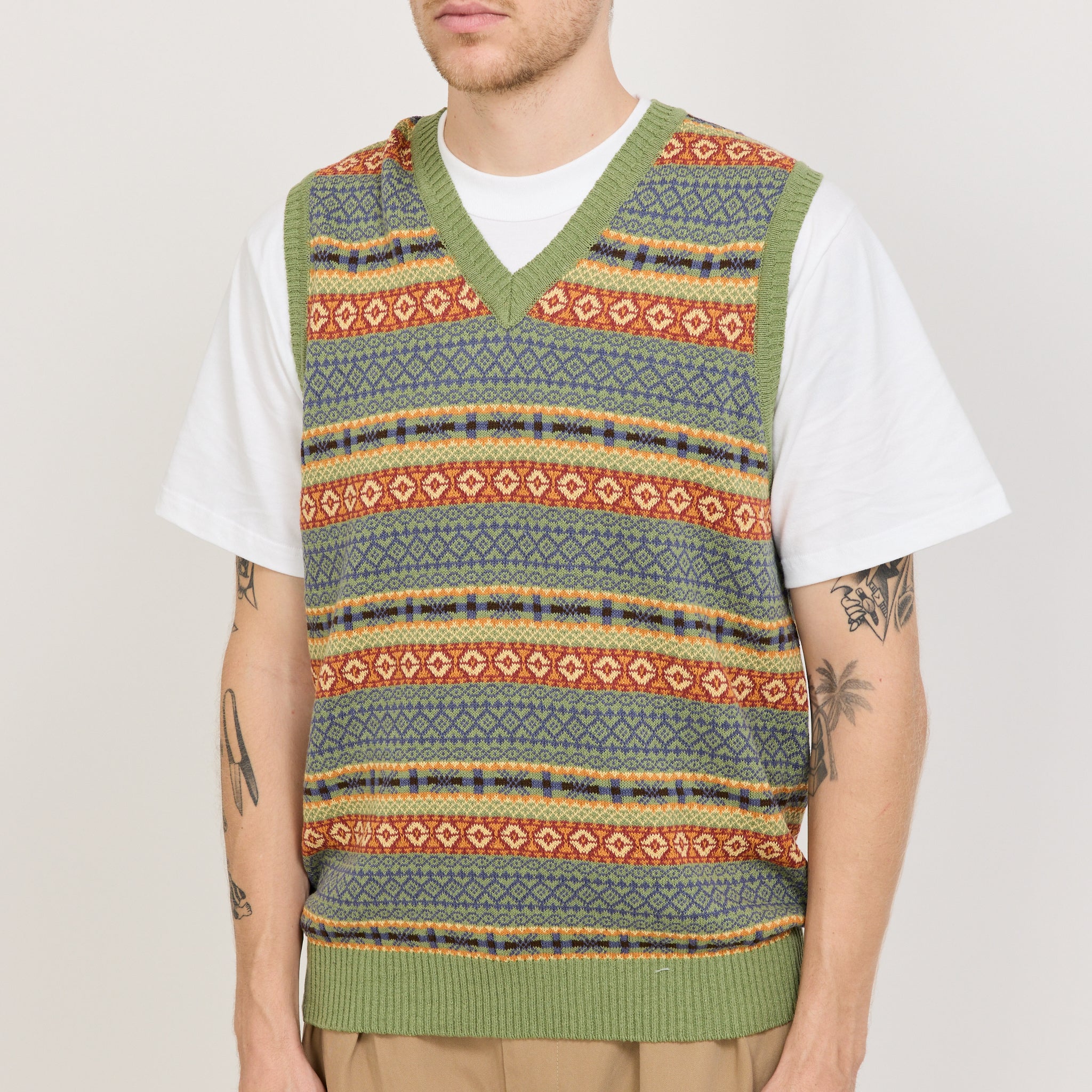 JAMIESON'S × BEAMS PLUS FAIRISLE VEST GR Beams Plus Cotton Linen Vest Fair Isle Pattern Green