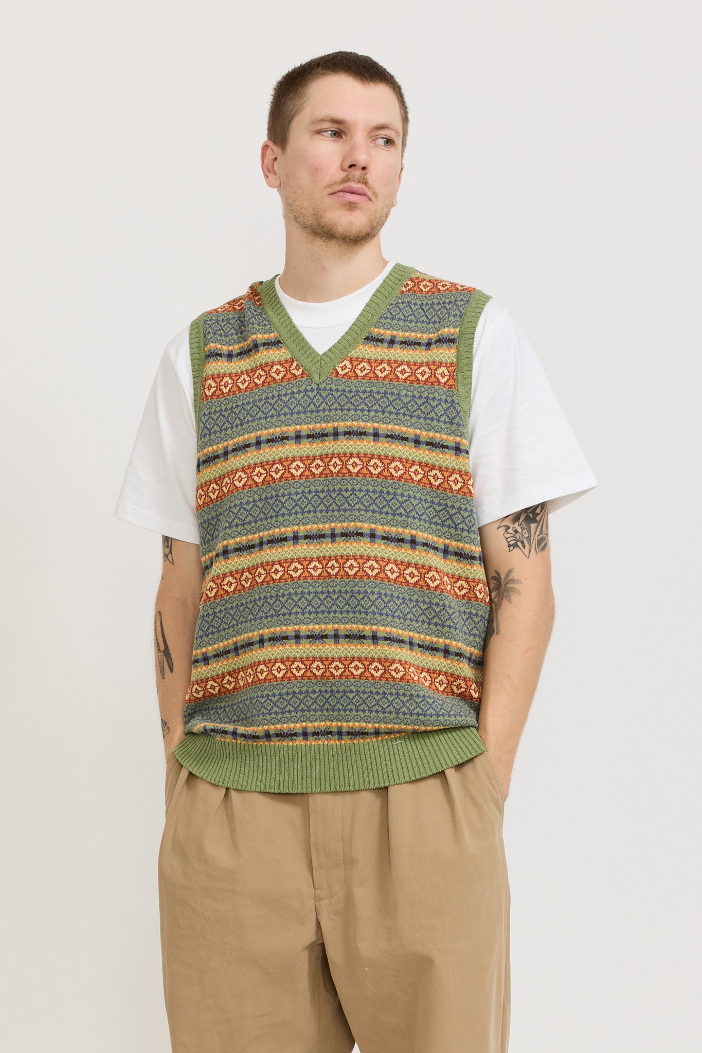Cotton Linen Vest Fair Isle Pattern Green