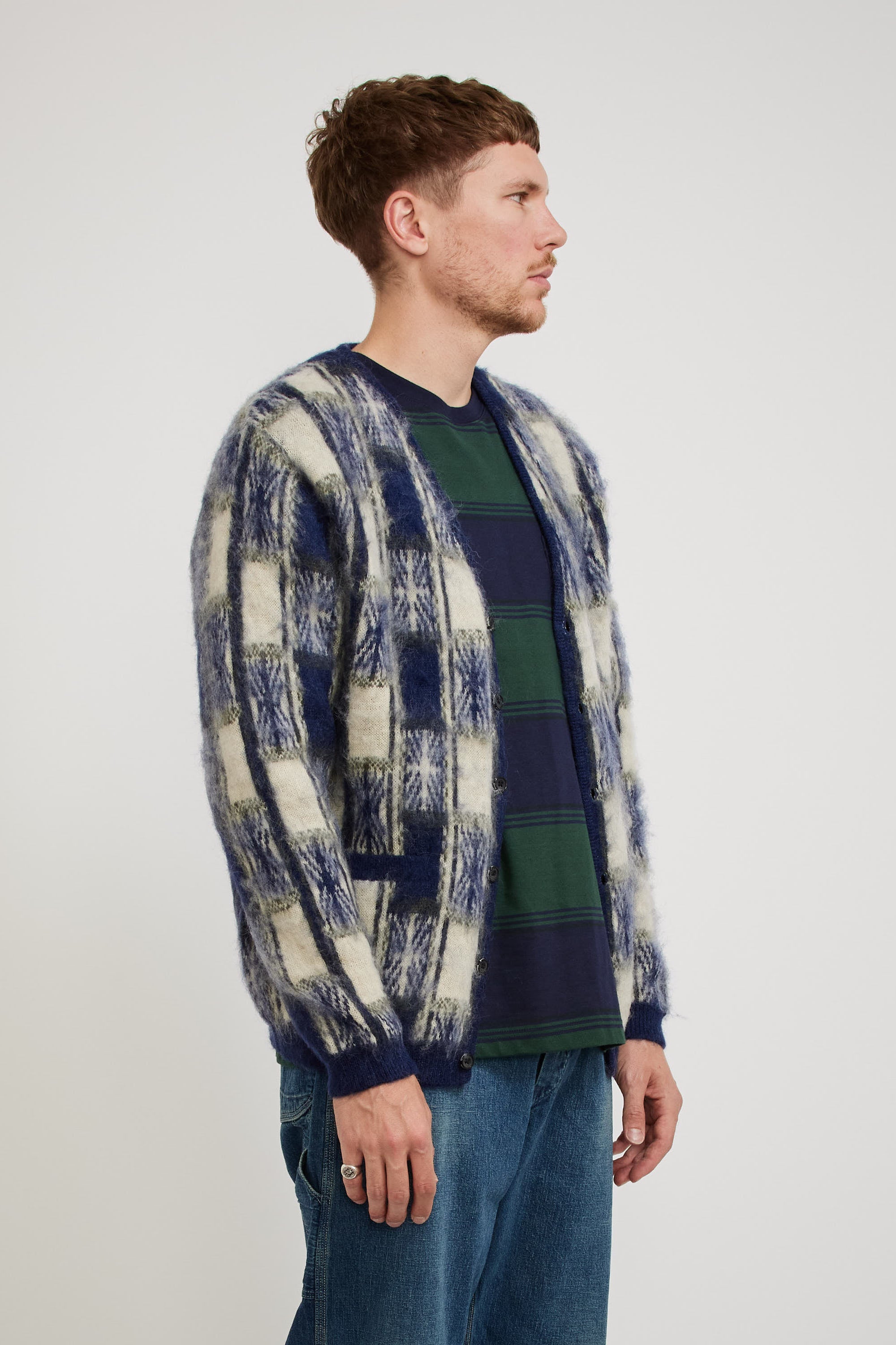 Beams Plus | Cardigan Double Jacquard Check Pattern Navy | Maplestore