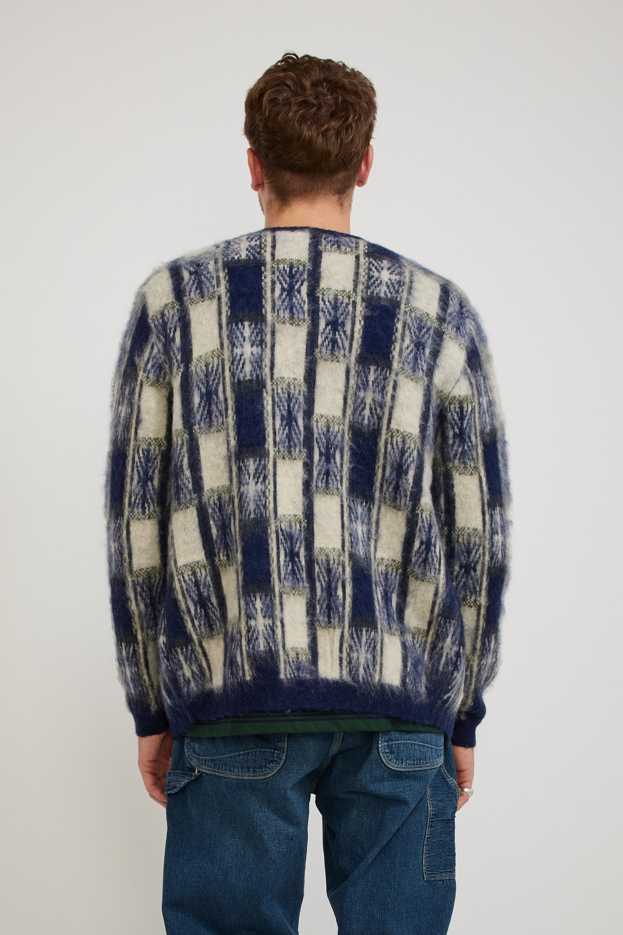 Beams Plus | Cardigan Double Jacquard Check Pattern Navy | Maplestore