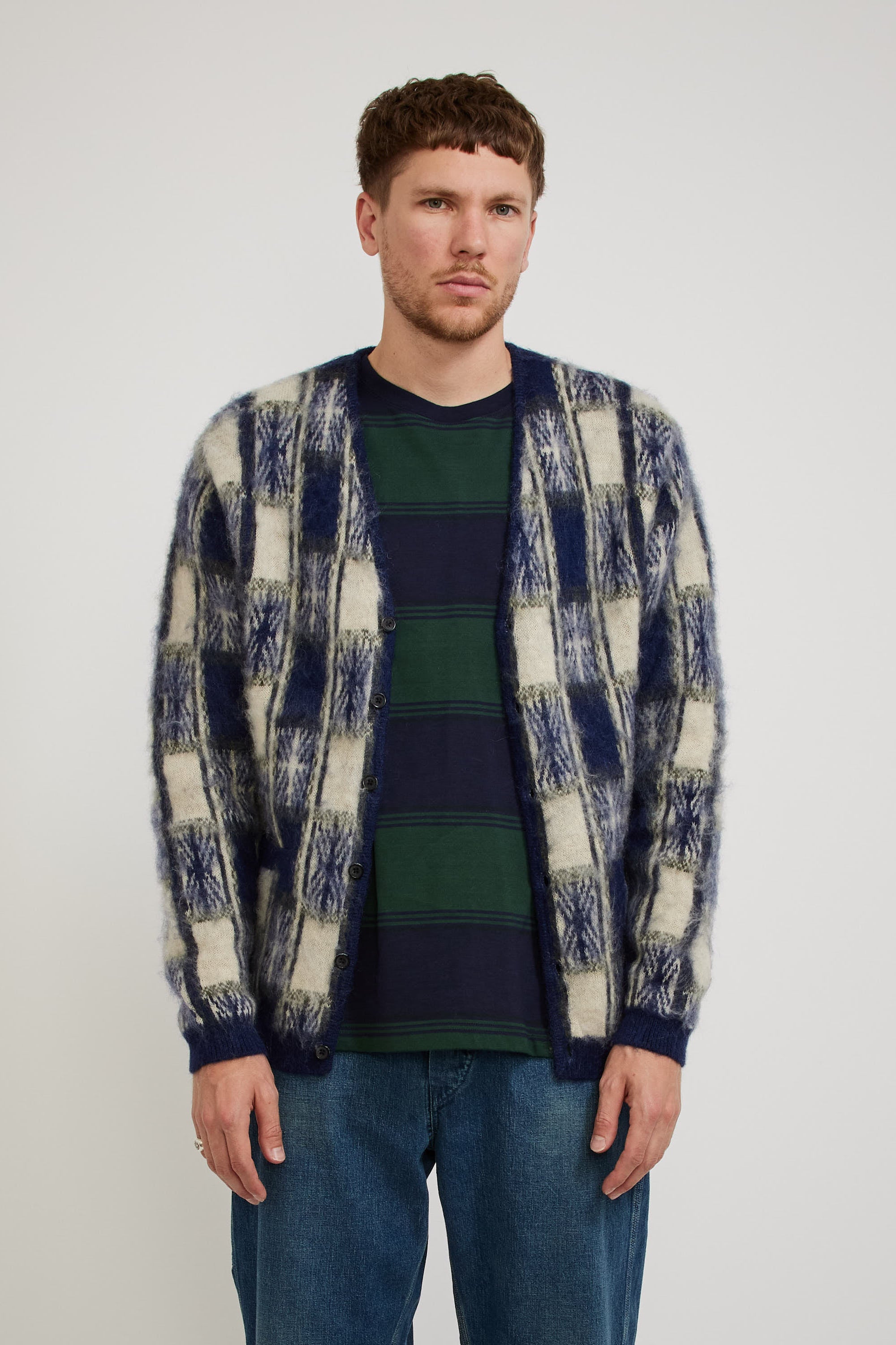 Beams Plus | Cardigan Double Jacquard Check Pattern Navy | Maplestore