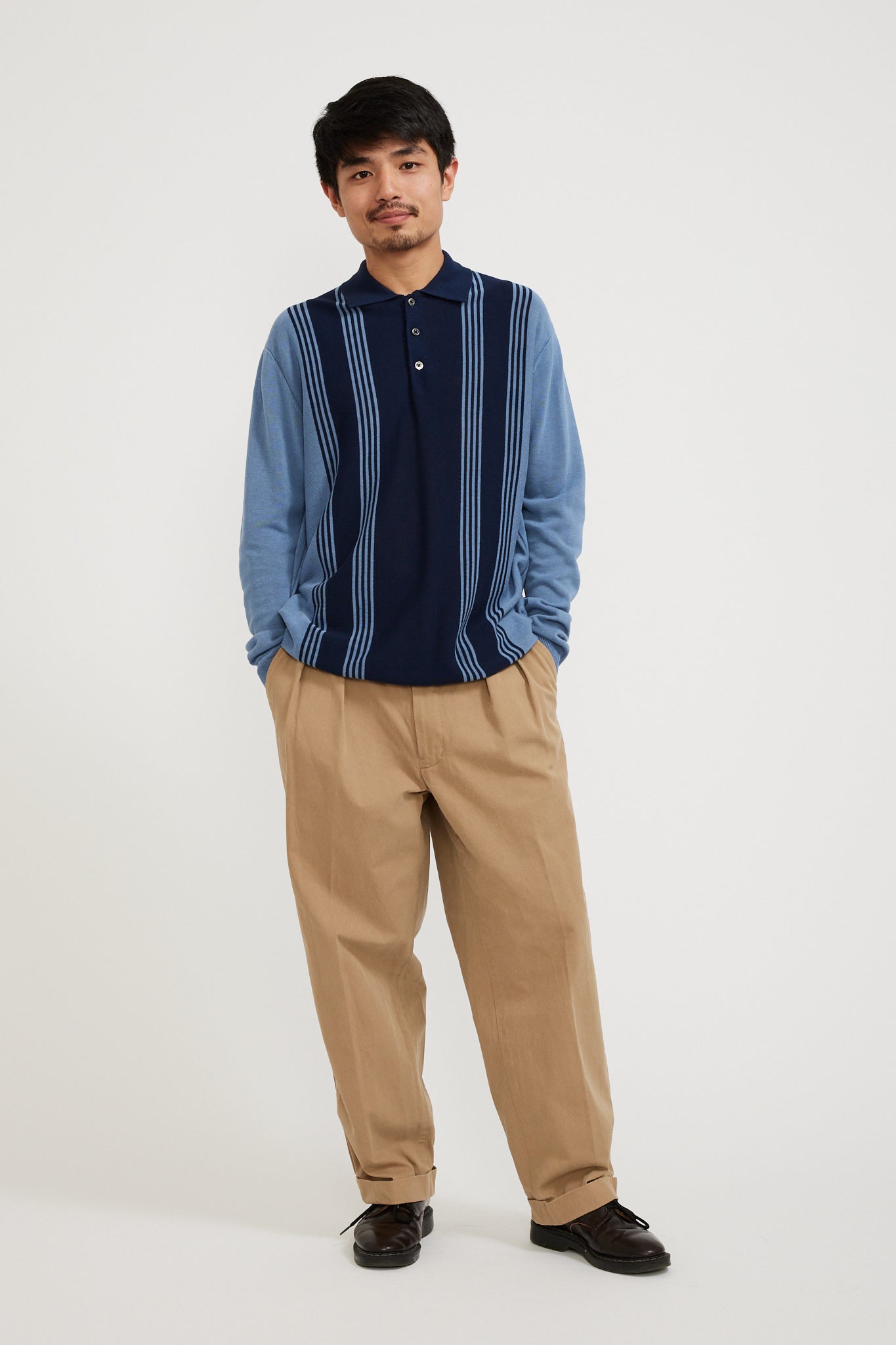 Beams Plus | Knit Polo Stripe 12G Blue | Maplestore