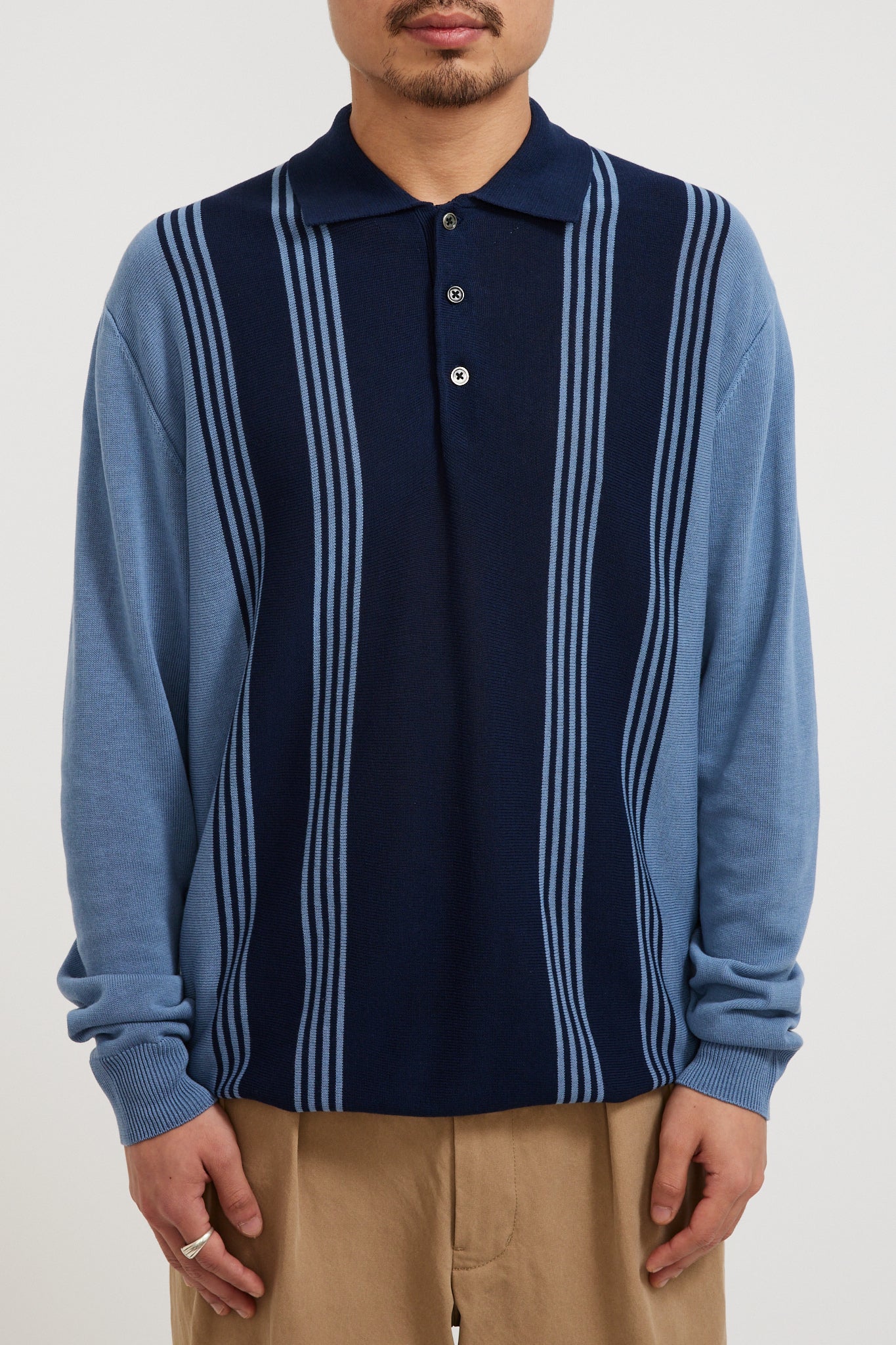 Beams Plus | Knit Polo Stripe 12G Blue | Maplestore