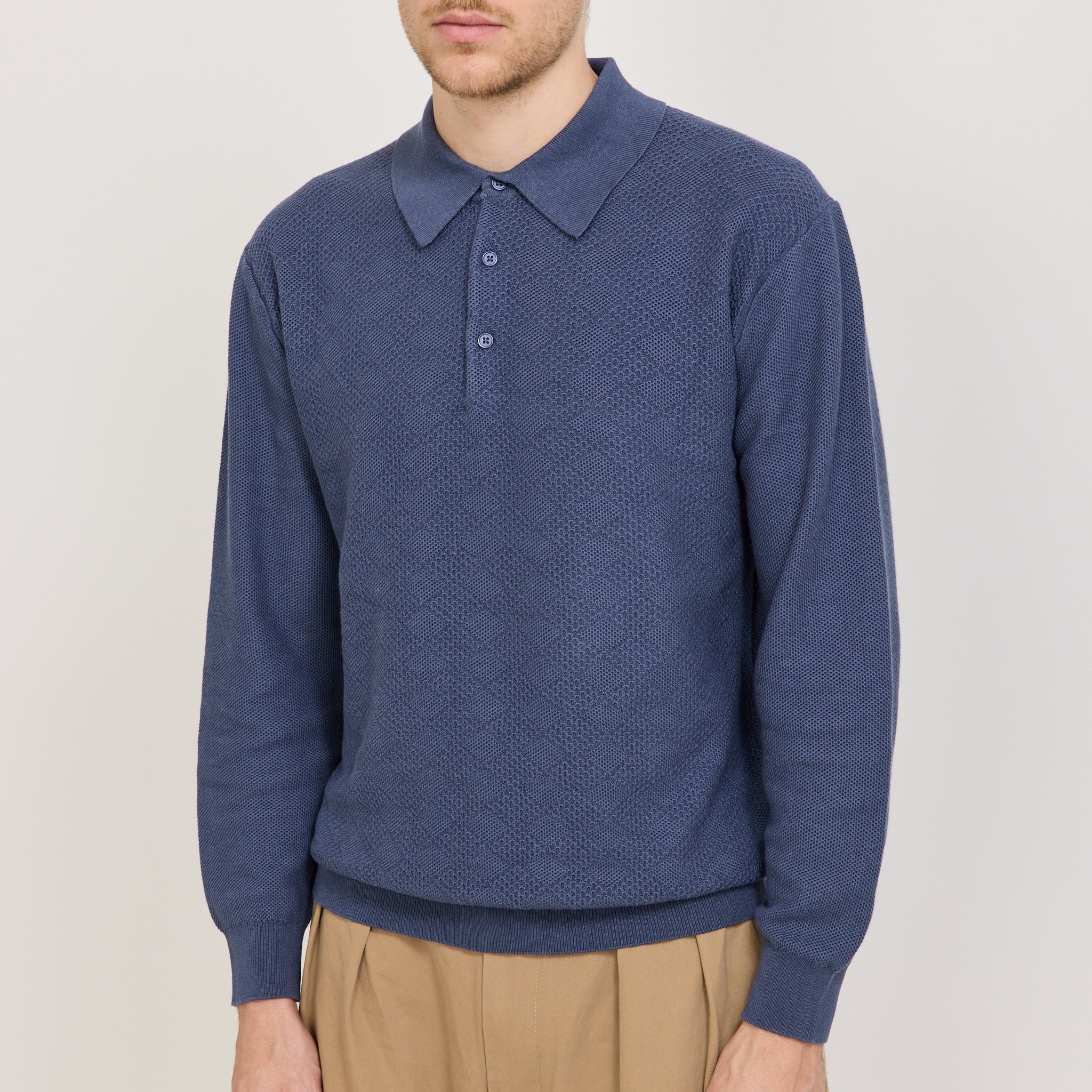 Beams Plus | Knit Polo Diamond Pattern Blue | Maplestore