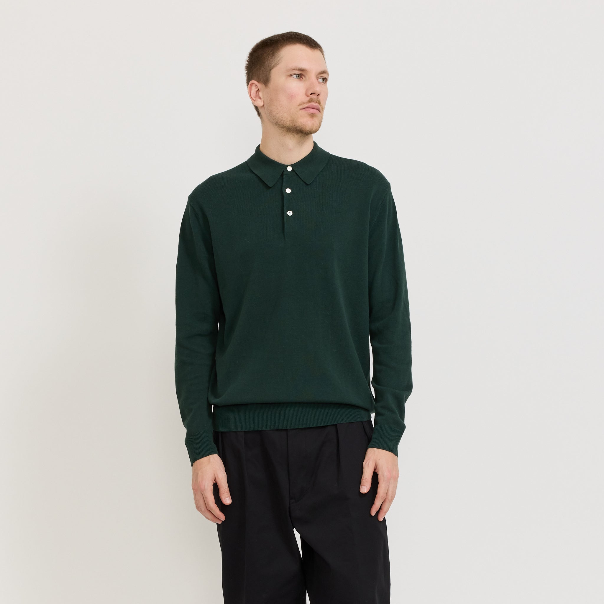 Beams Plus | Knit Polo 12G Long Sleeve Green | Maplestore