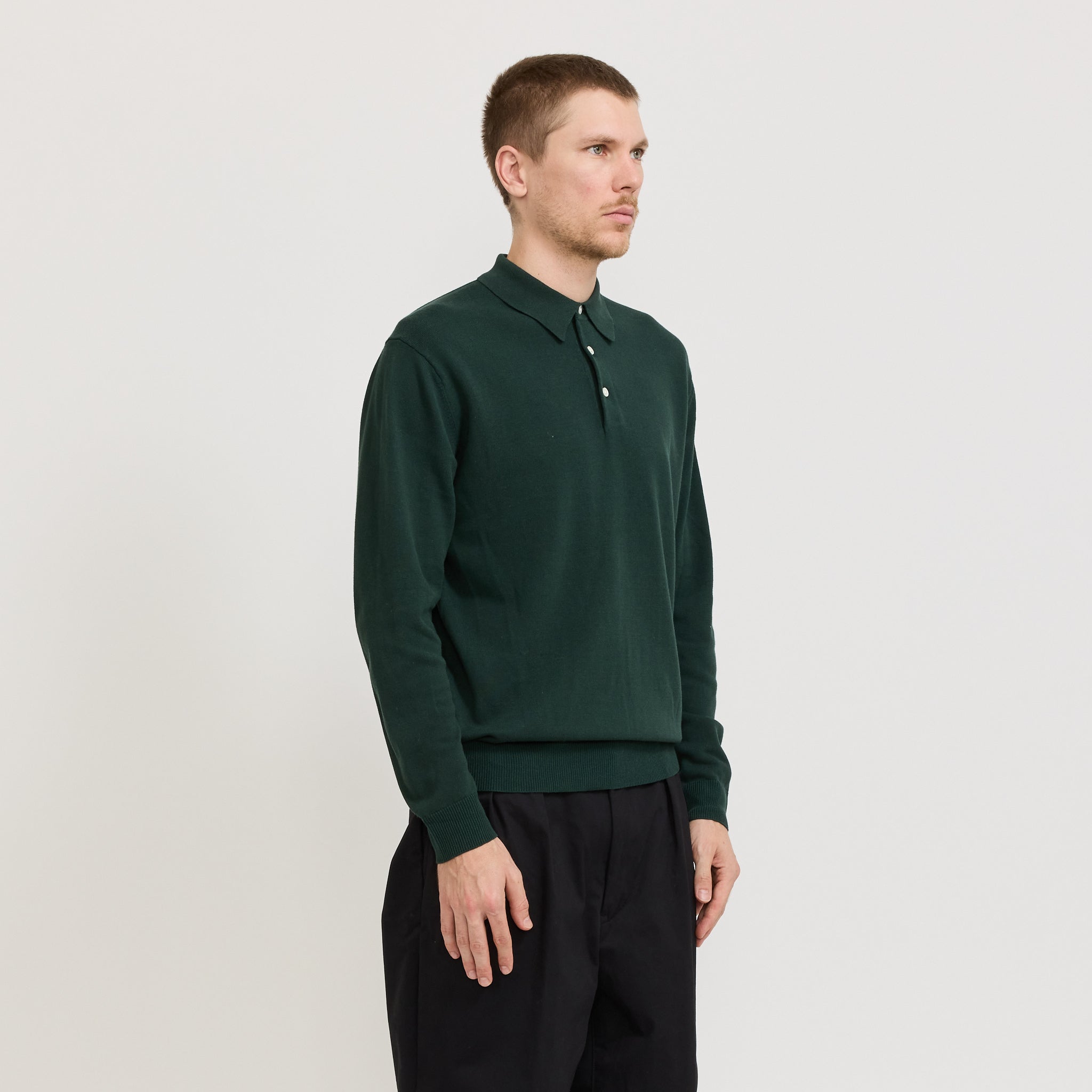 Beams Plus | Knit Polo 12G Long Sleeve Green | Maplestore