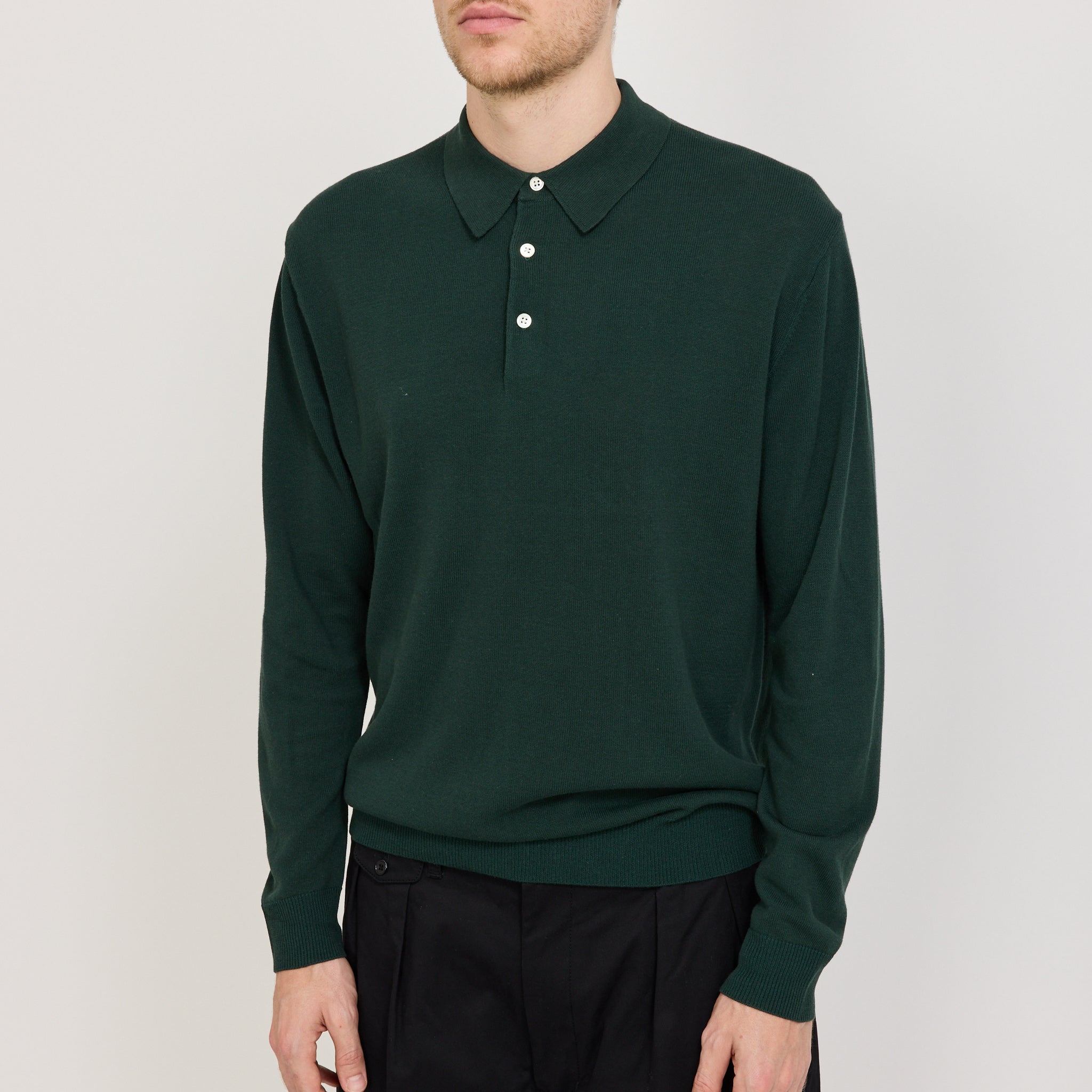 Beams Plus | Knit Polo 12G Long Sleeve Green | Maplestore