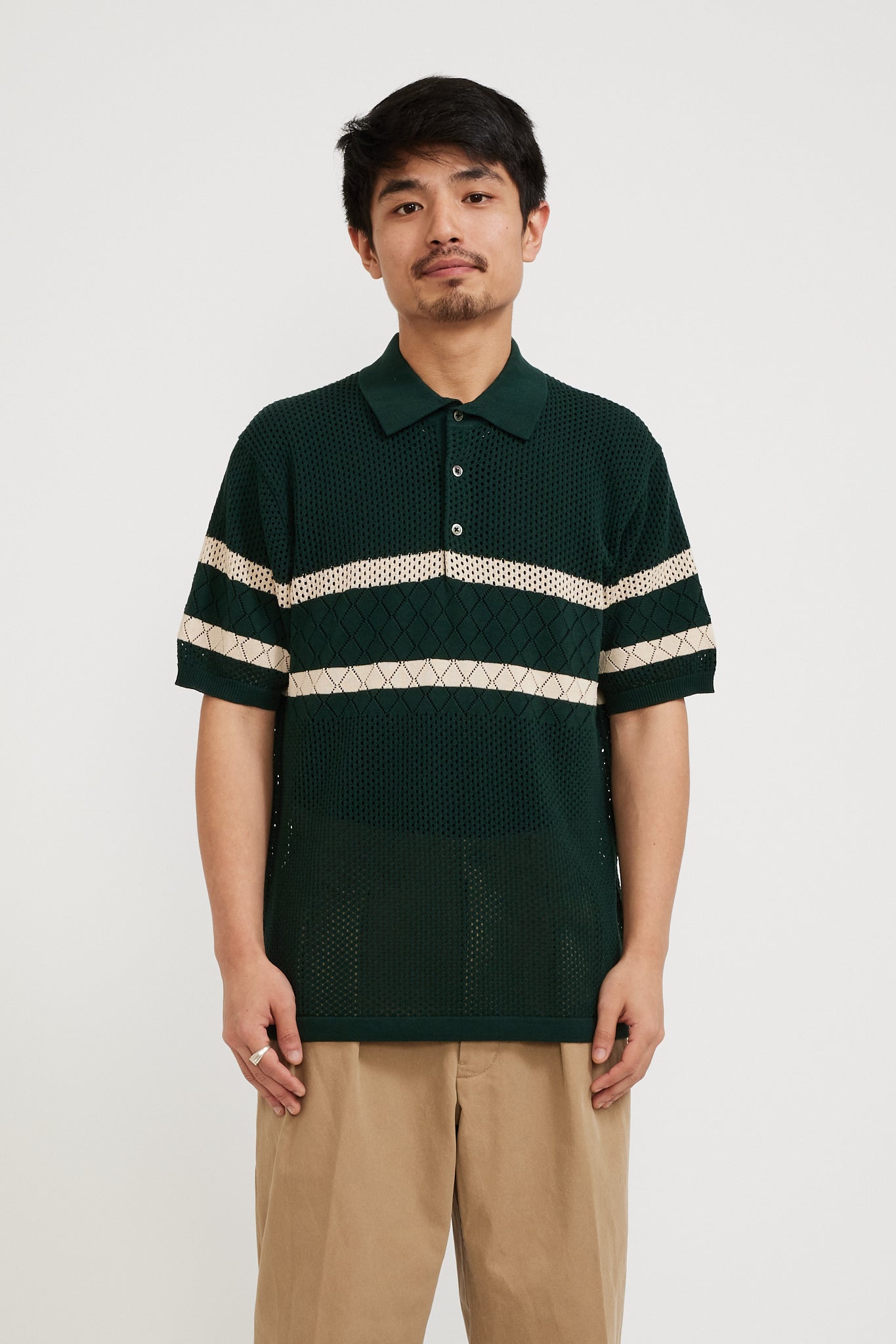 Beams Plus | Knit Polo Mesh Stripe Green | Maplestore