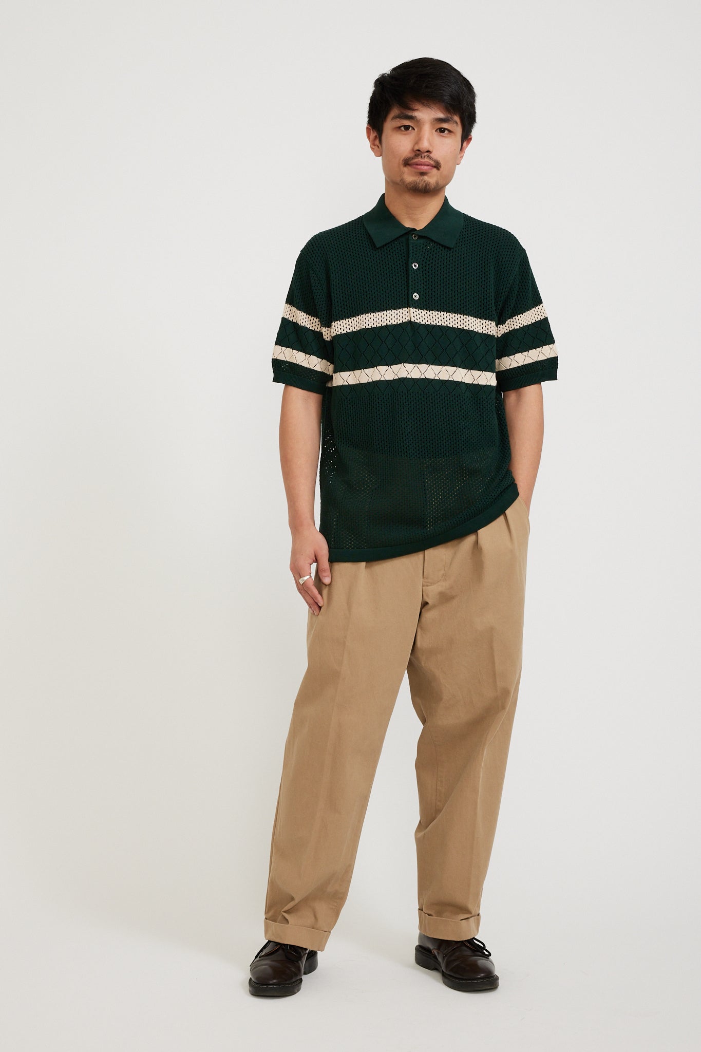 Beams Plus | Knit Polo Mesh Stripe Green | Maplestore