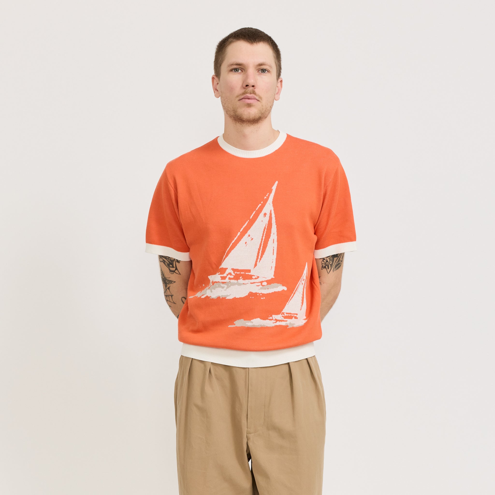 Beams Plus | Knit Tee Box Jacquard BP Orange | Maplestore