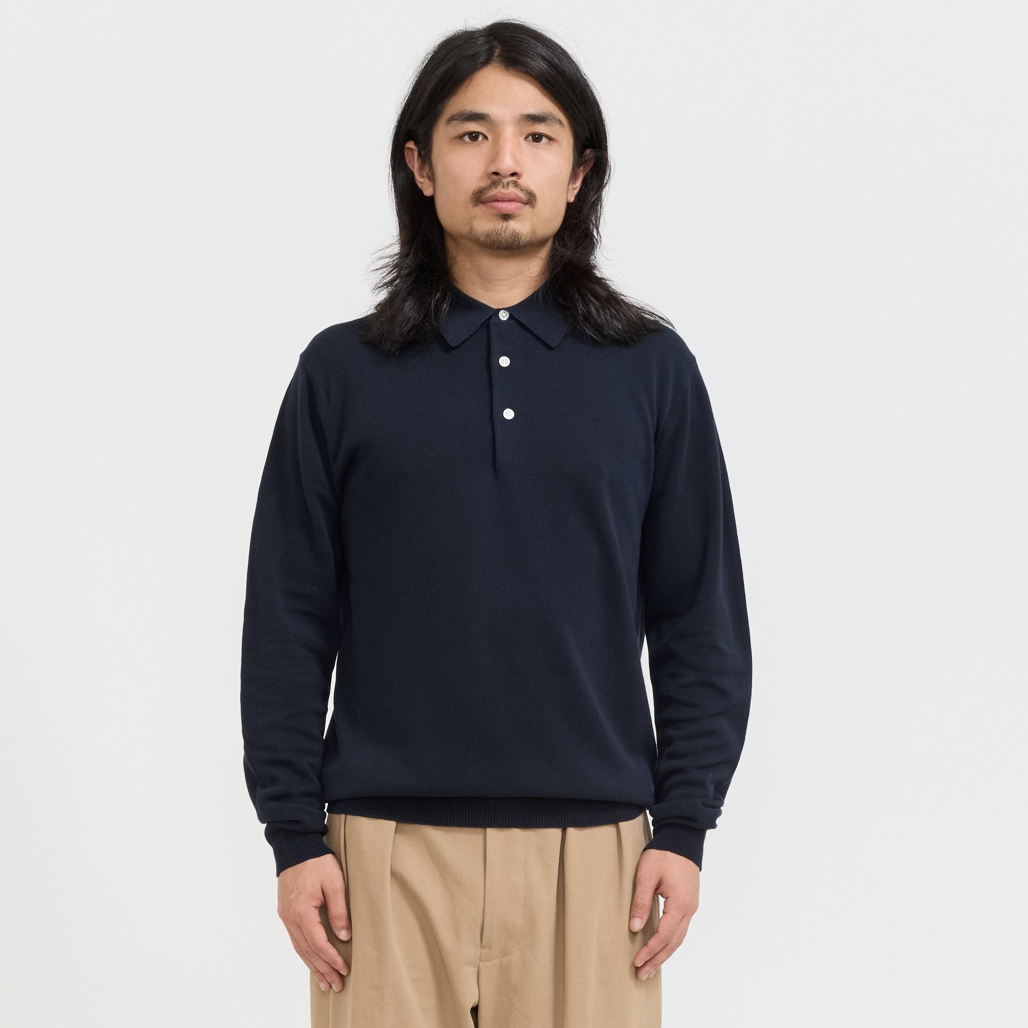 Beams Plus | Knit Polo 12G Long Sleeve Navy | Maplestore