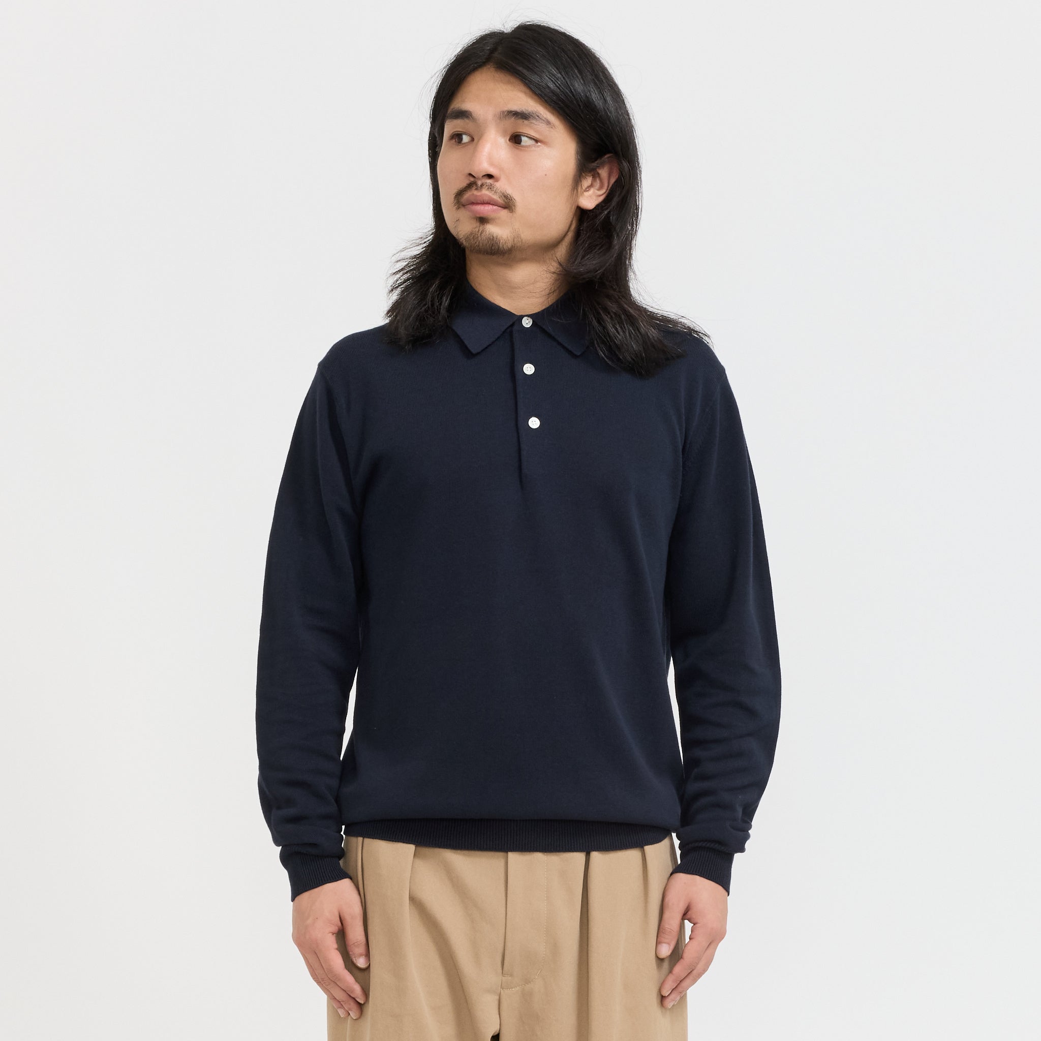 Beams Plus | Knit Polo 12G Long Sleeve Navy | Maplestore
