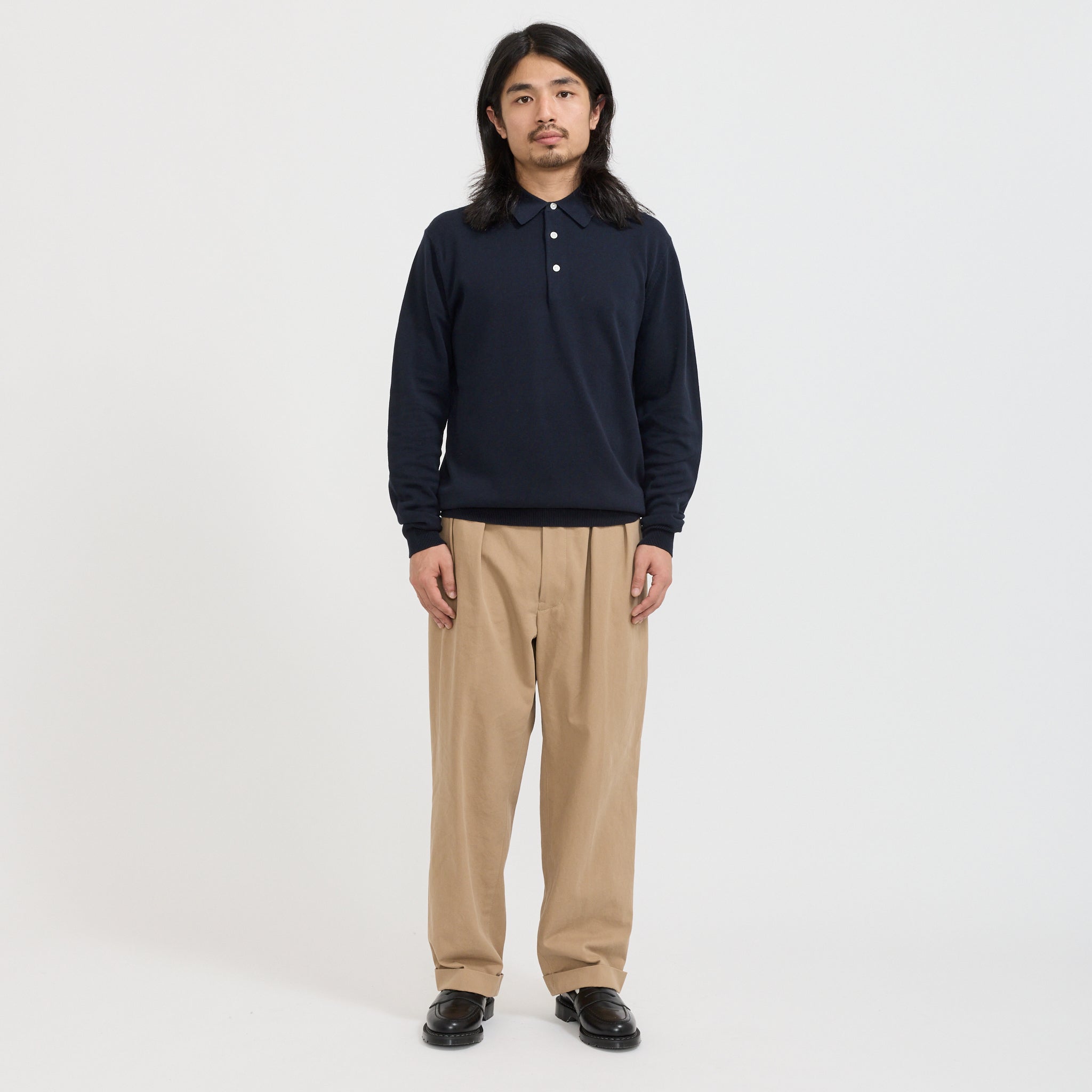 Beams Plus | Knit Polo 12G Long Sleeve Navy | Maplestore