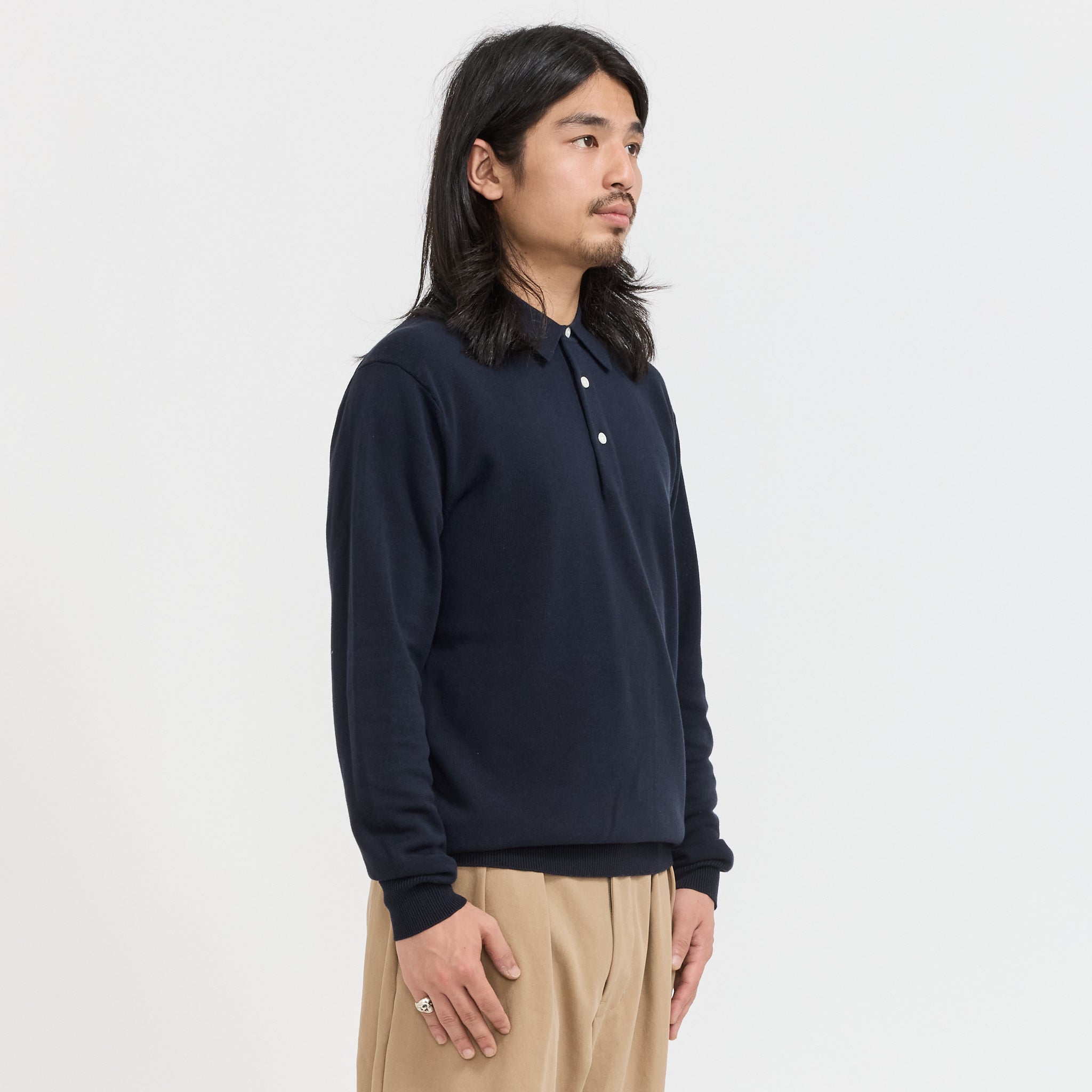 Beams Plus | Knit Polo 12G Long Sleeve Navy | Maplestore