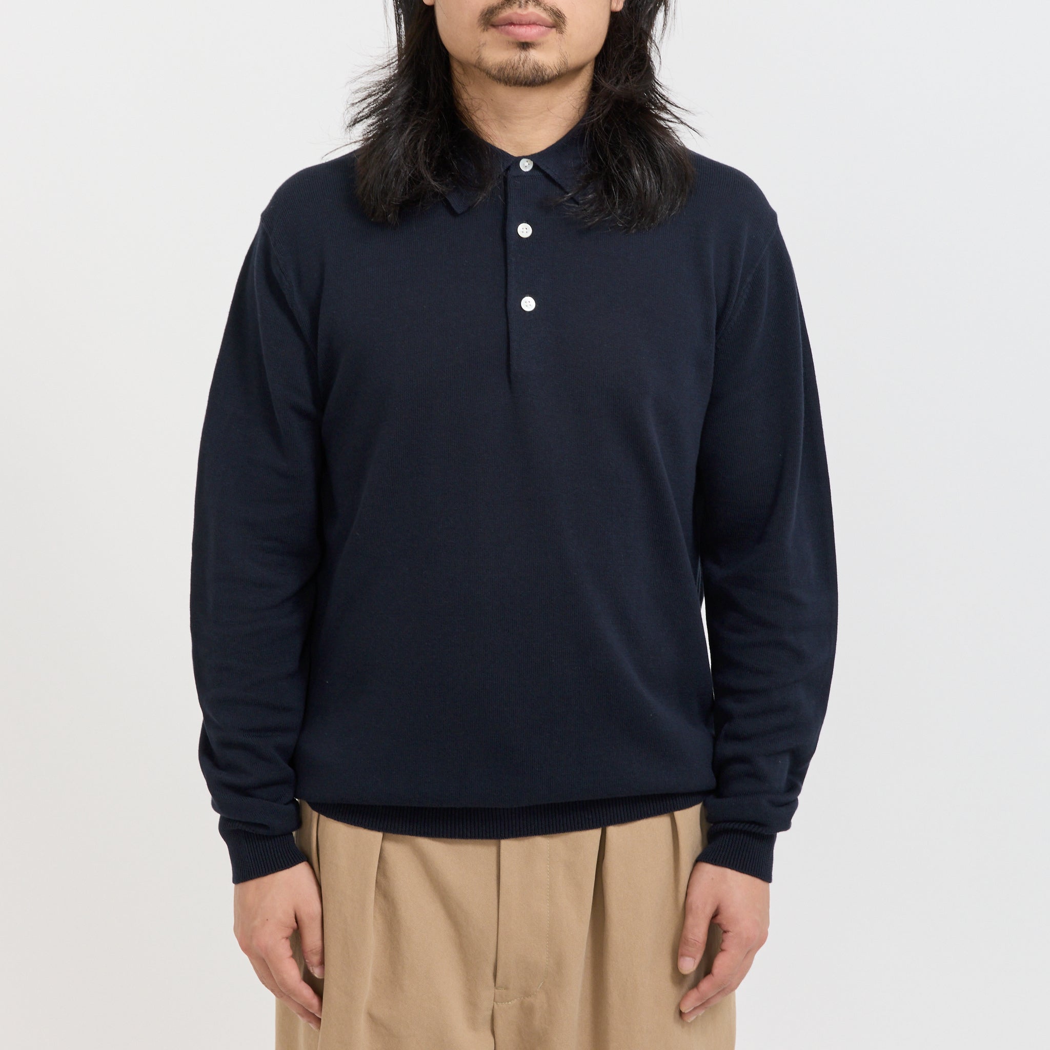 Beams Plus | Knit Polo 12G Long Sleeve Navy | Maplestore