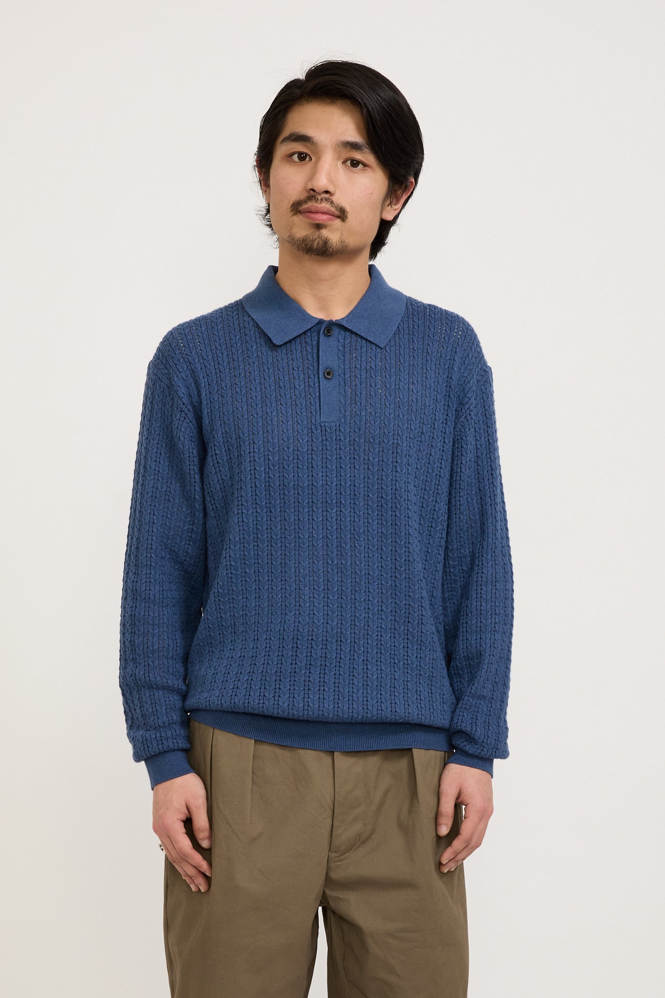 Beams Plus | Knit Polo Cable Blue | Maplestore