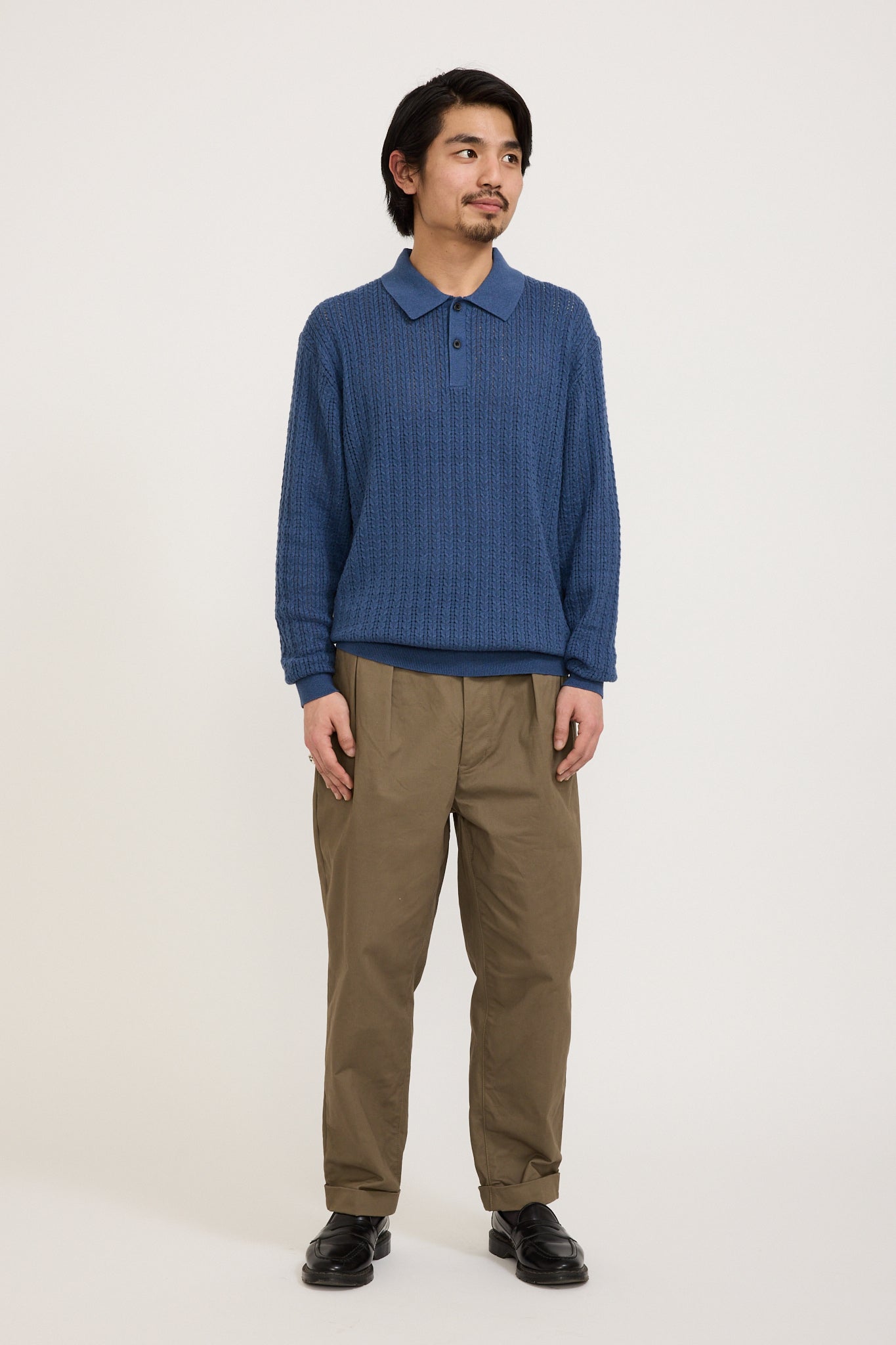 Beams Plus | Knit Polo Cable Blue | Maplestore