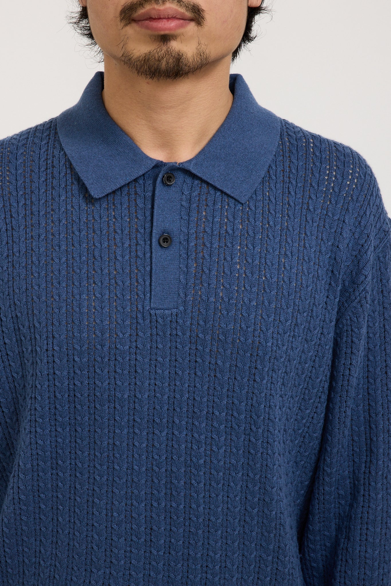 Beams Plus | Knit Polo Cable Blue | Maplestore