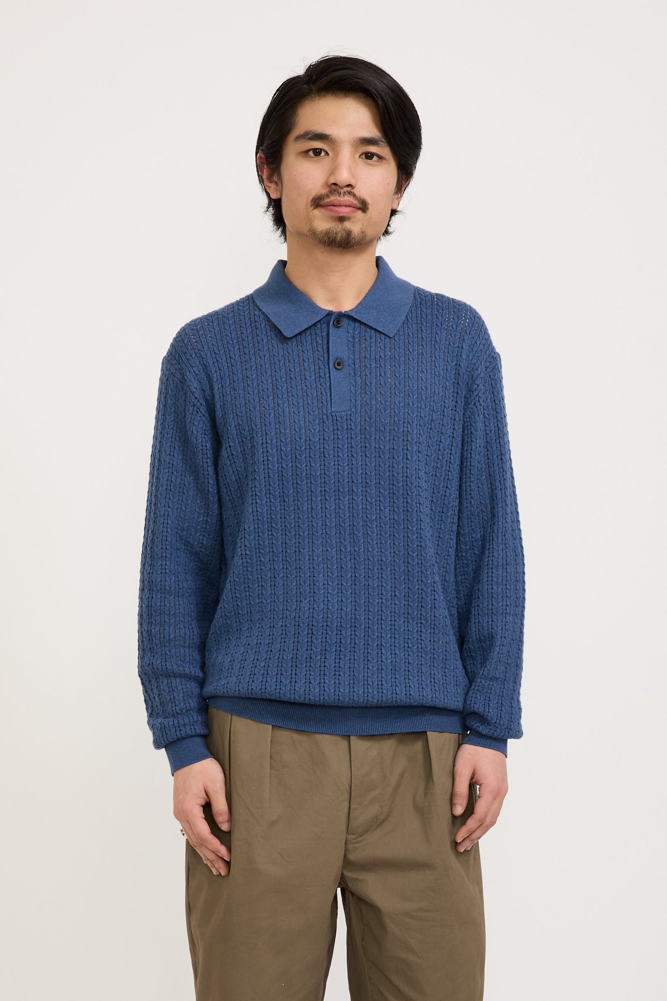 Beams Plus | Knit Polo Cable Blue | Maplestore