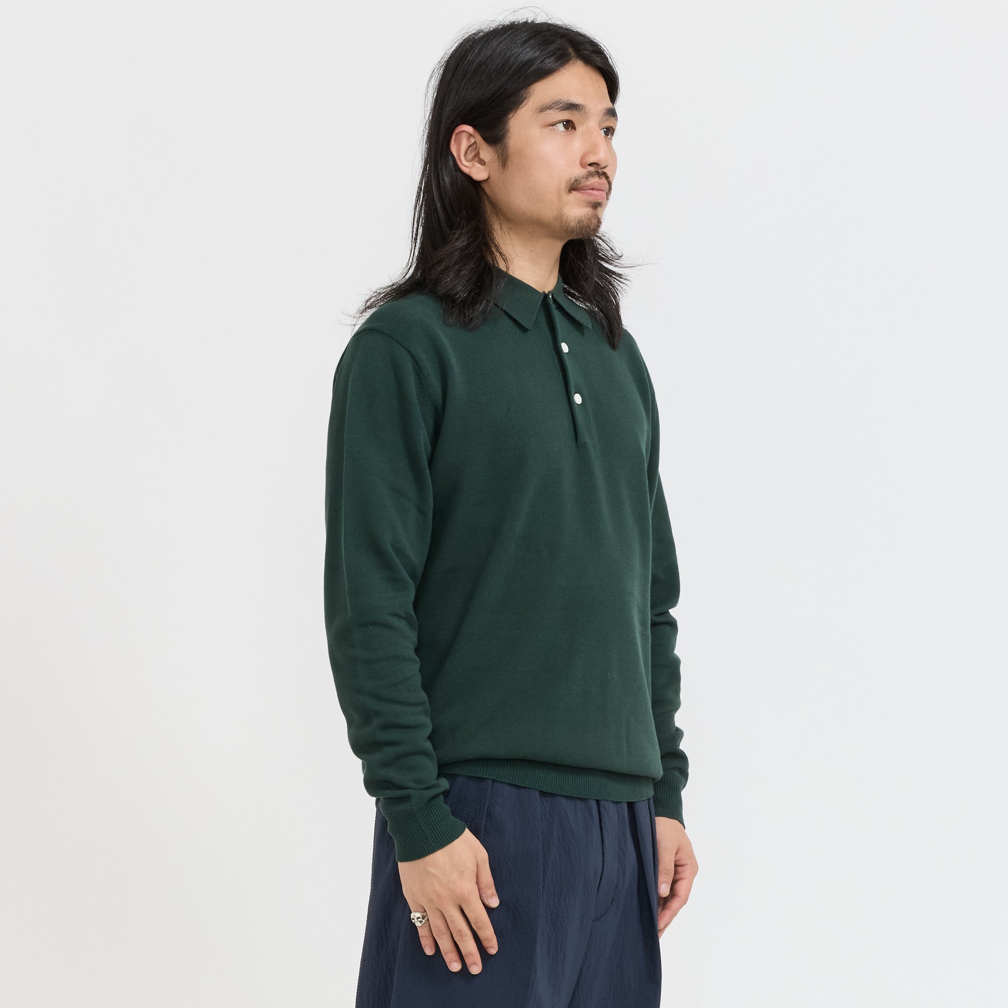 Beams Plus | Knit Polo 12G Long Sleeve Green | Maplestore