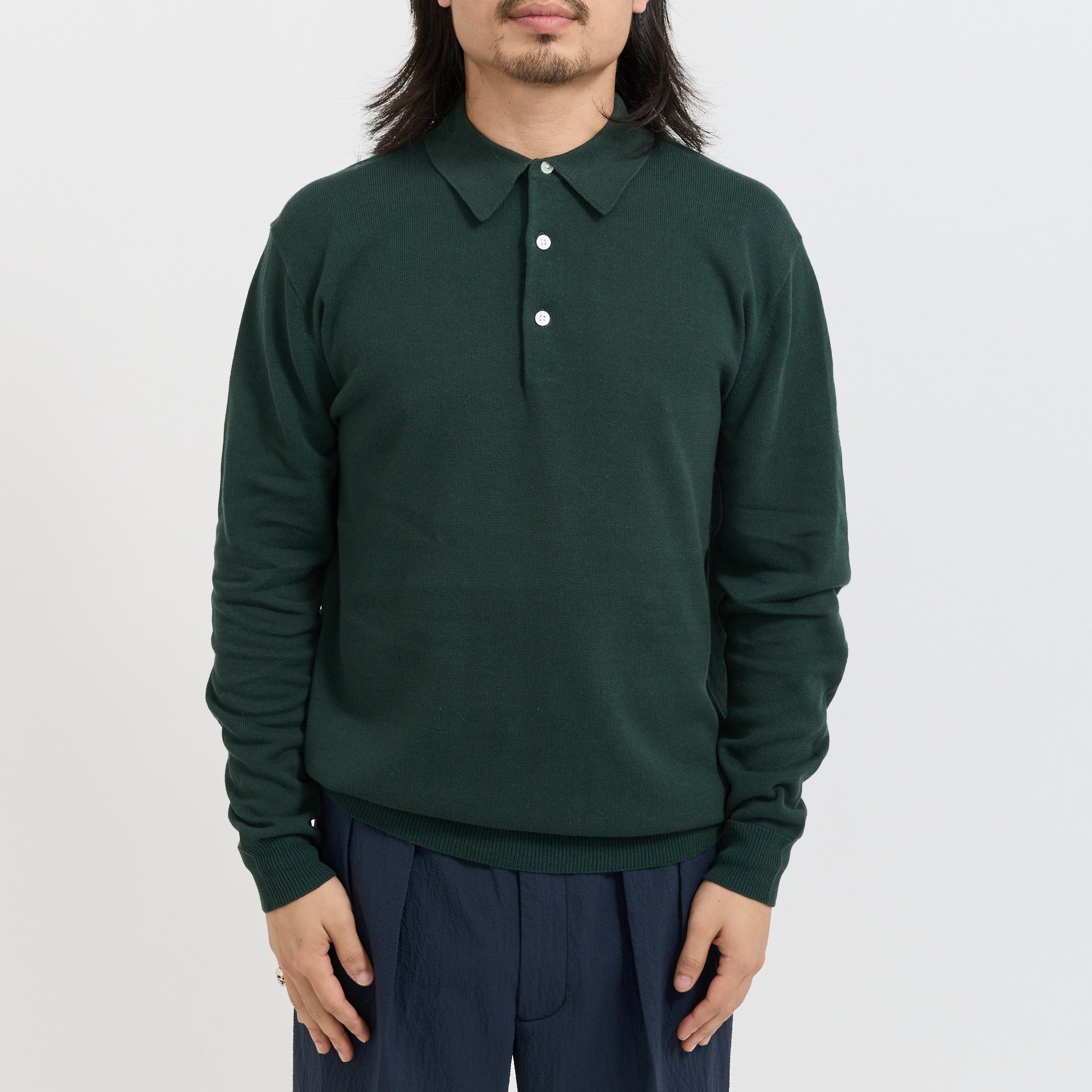 Beams Plus | Knit Polo 12G Long Sleeve Green | Maplestore
