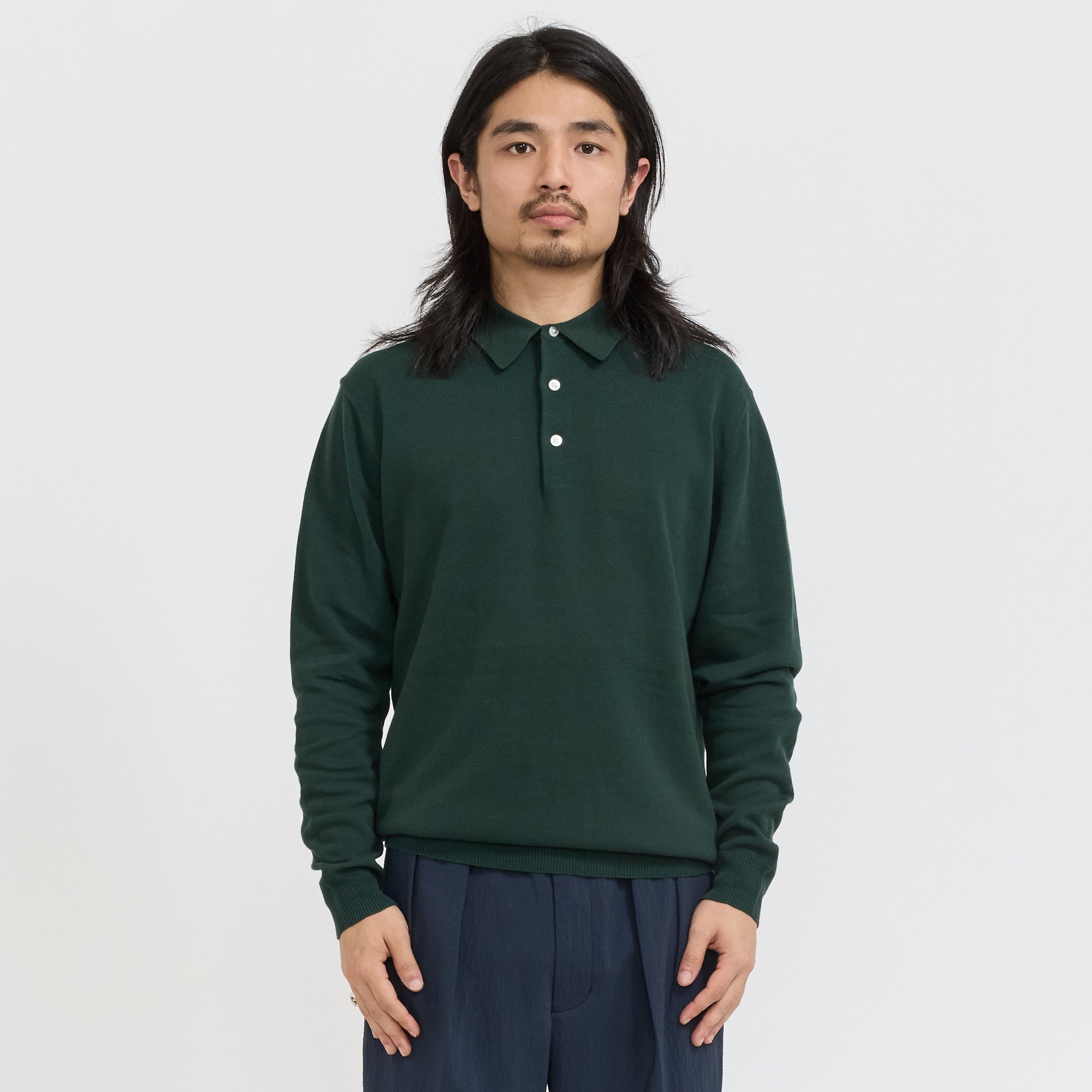 Beams Plus | Knit Polo 12G Long Sleeve Green | Maplestore
