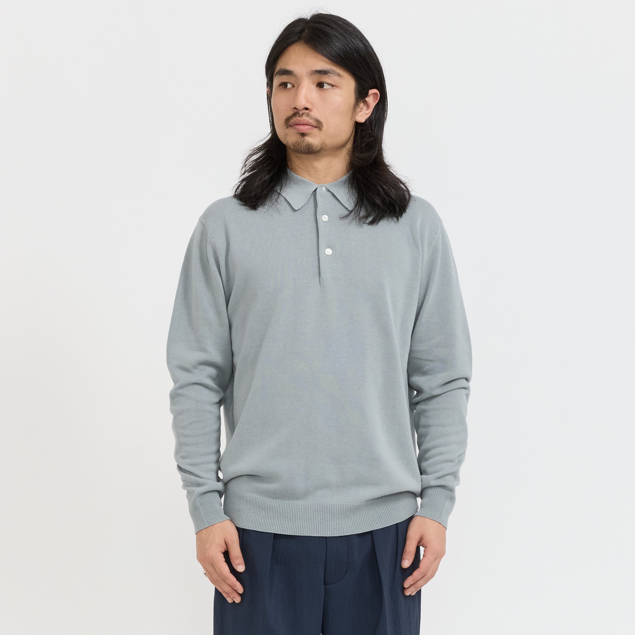 Beams Plus | Knit Polo 12G Long Sleeve Ice Blue | Maplestore