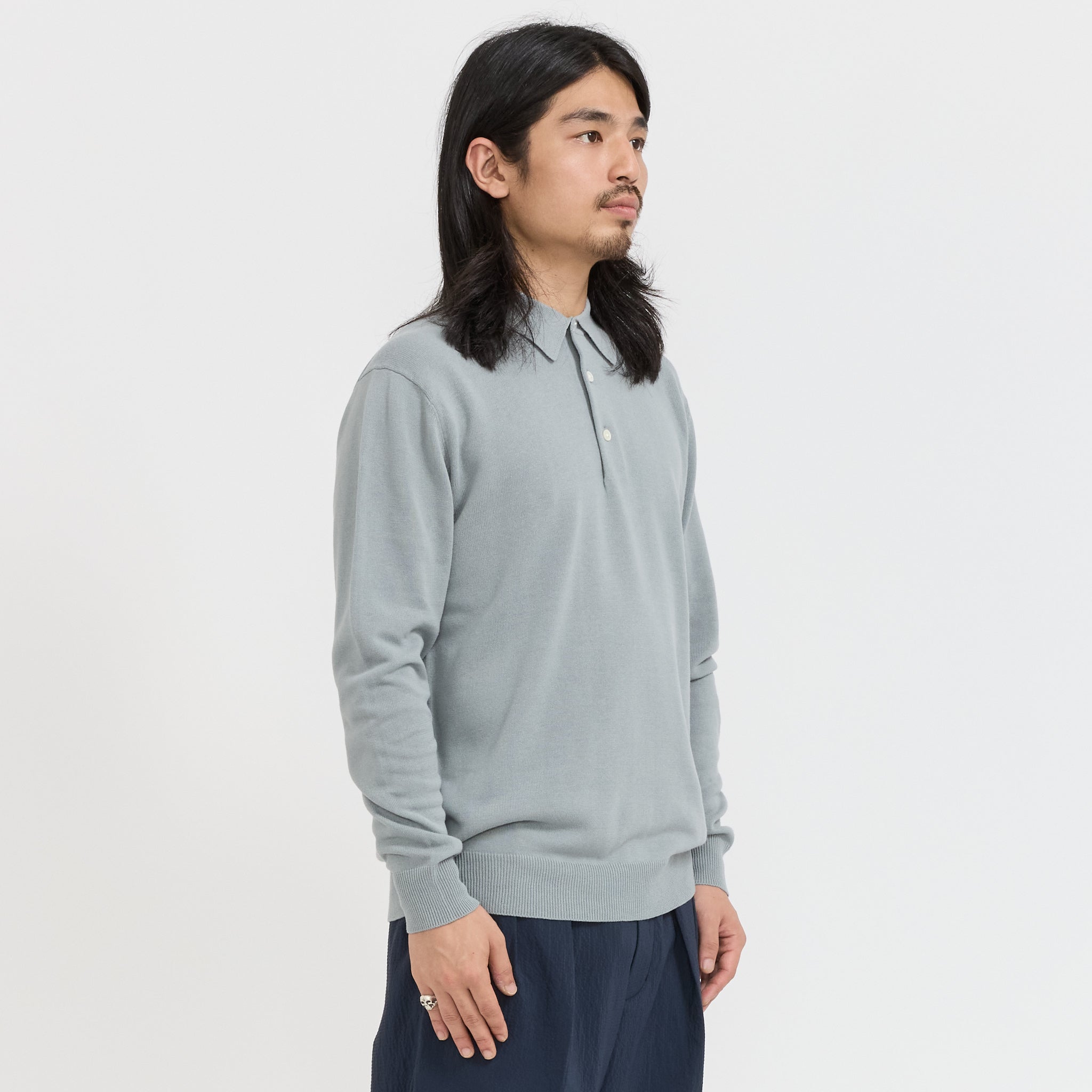 Beams Plus | Knit Polo 12G Long Sleeve Ice Blue | Maplestore