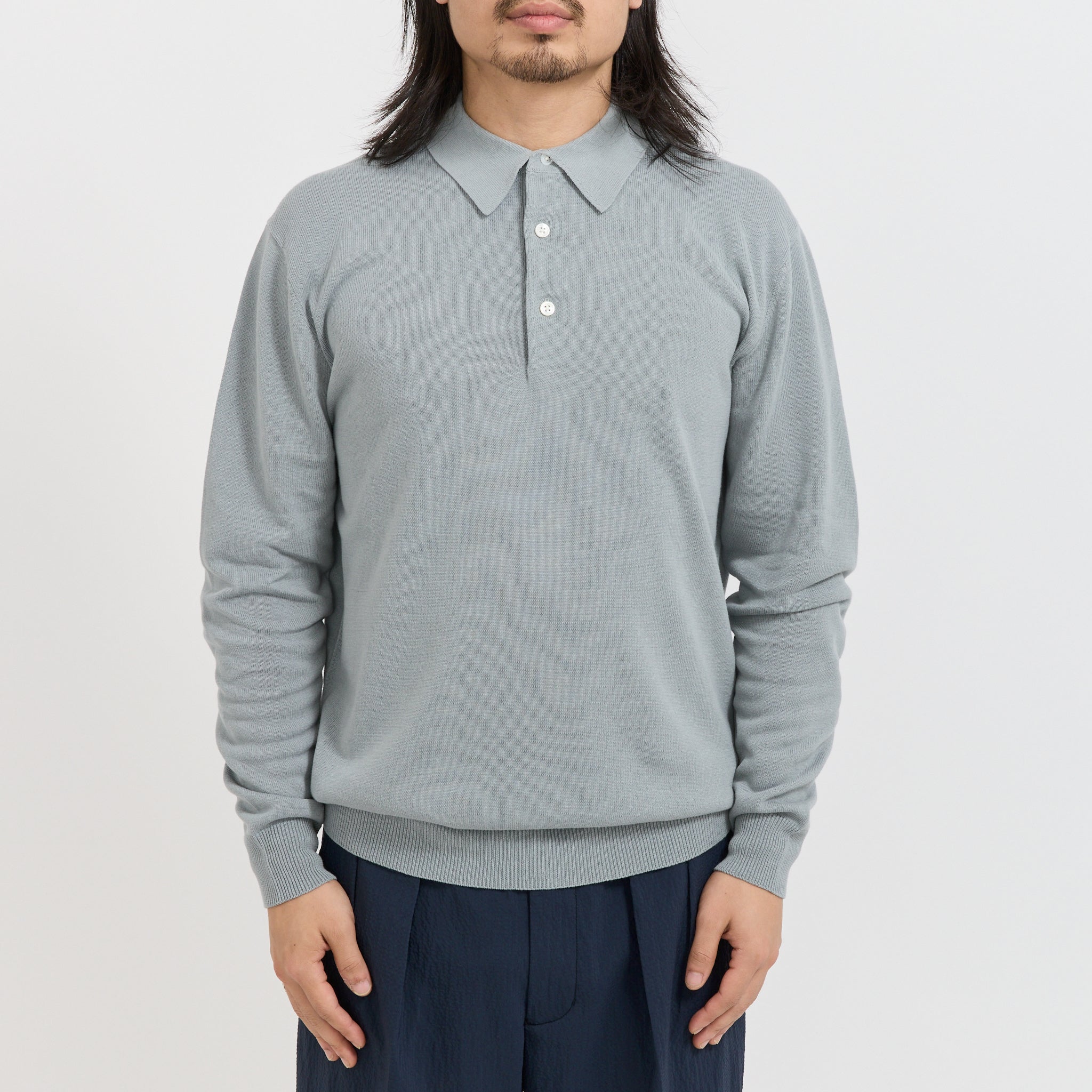 Beams Plus | Knit Polo 12G Long Sleeve Ice Blue | Maplestore