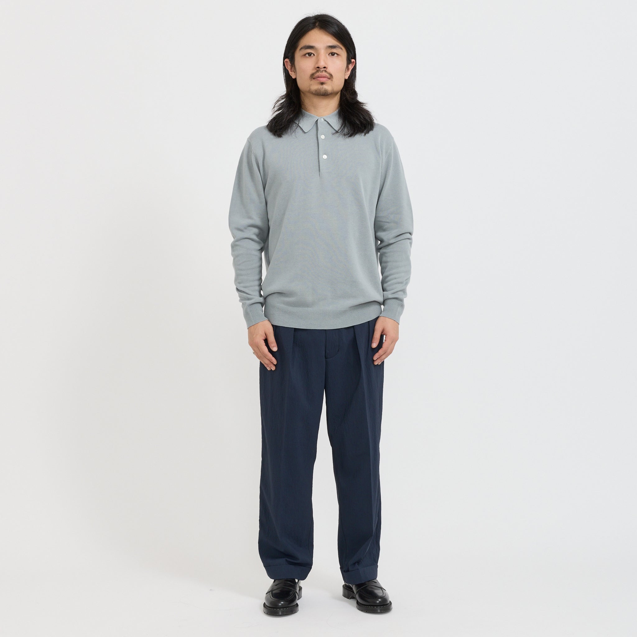 Beams Plus | Knit Polo 12G Long Sleeve Ice Blue | Maplestore