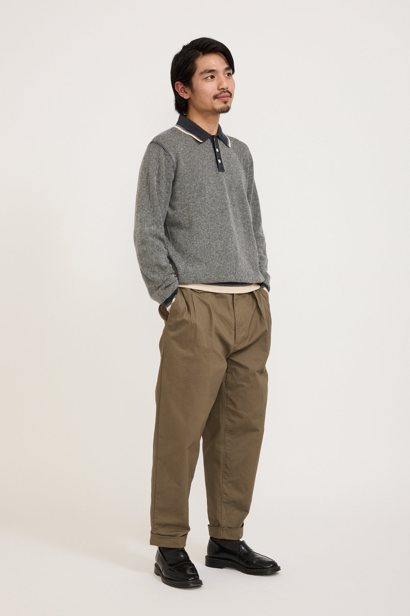 Beams Plus | Knit Polo Collar Line Charcoal Grey | Maplestore