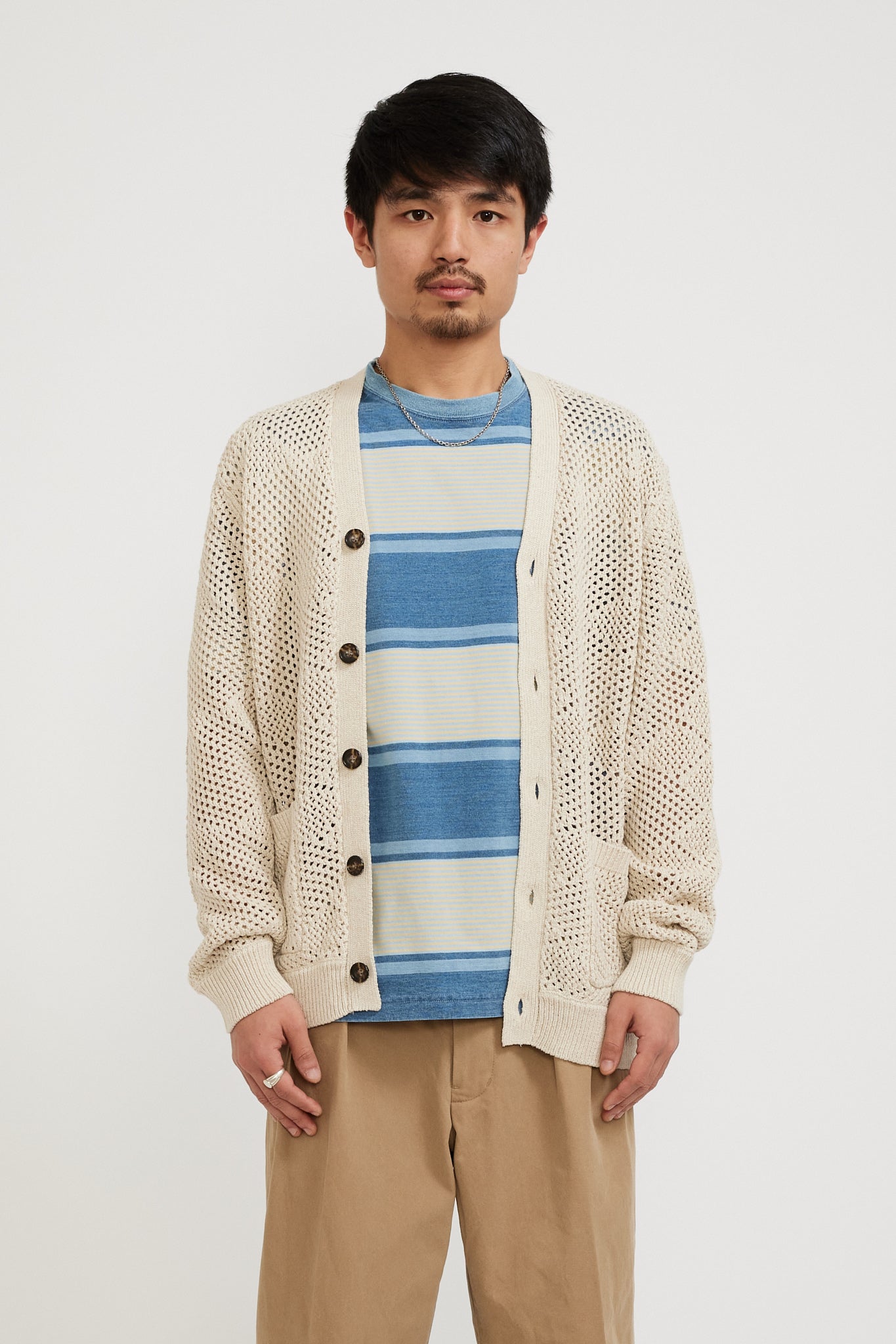 Beams Plus | Cardigan Argyle Mesh Beige | Maplestore