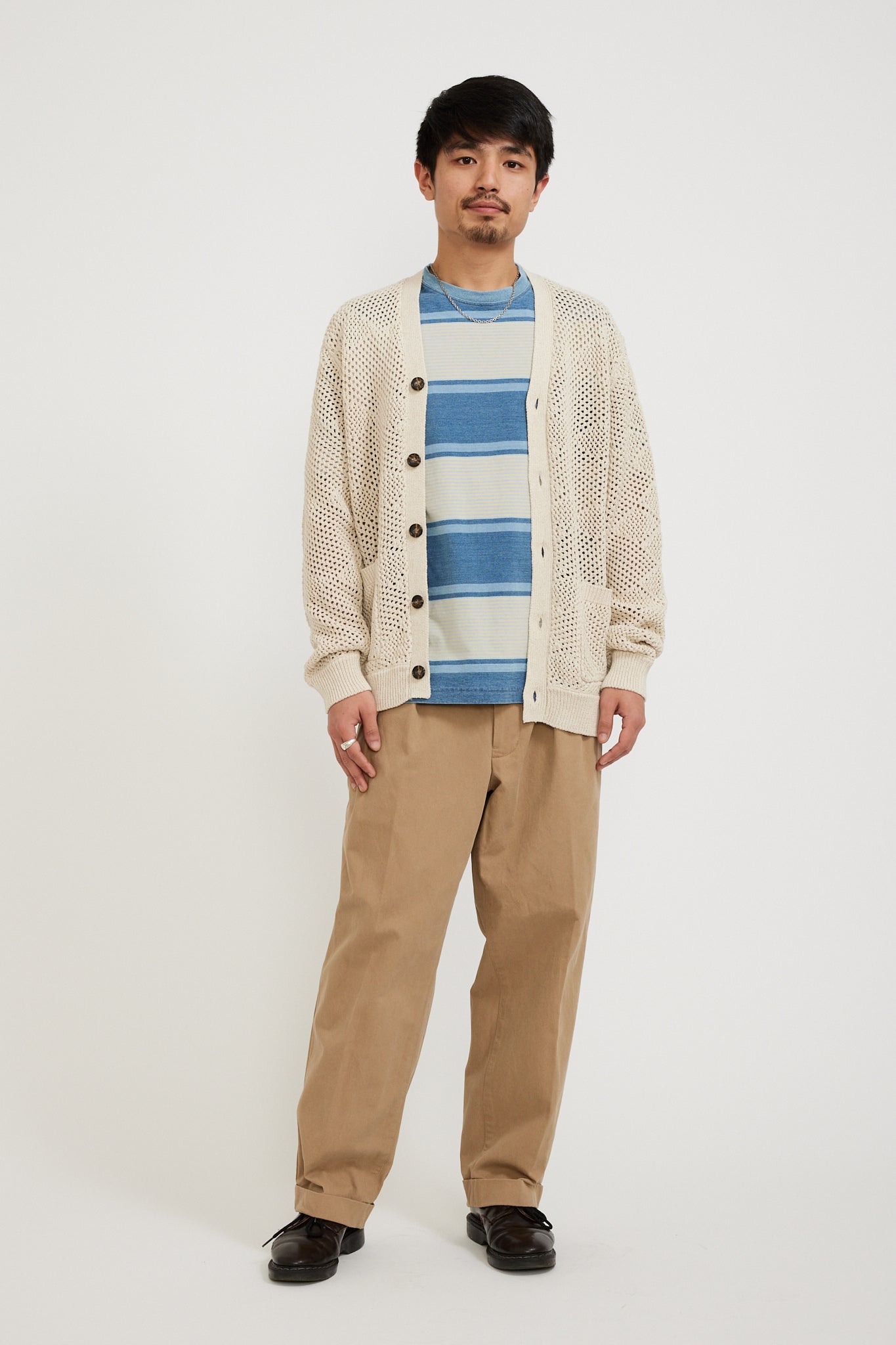 Beams Plus | Cardigan Argyle Mesh Beige | Maplestore