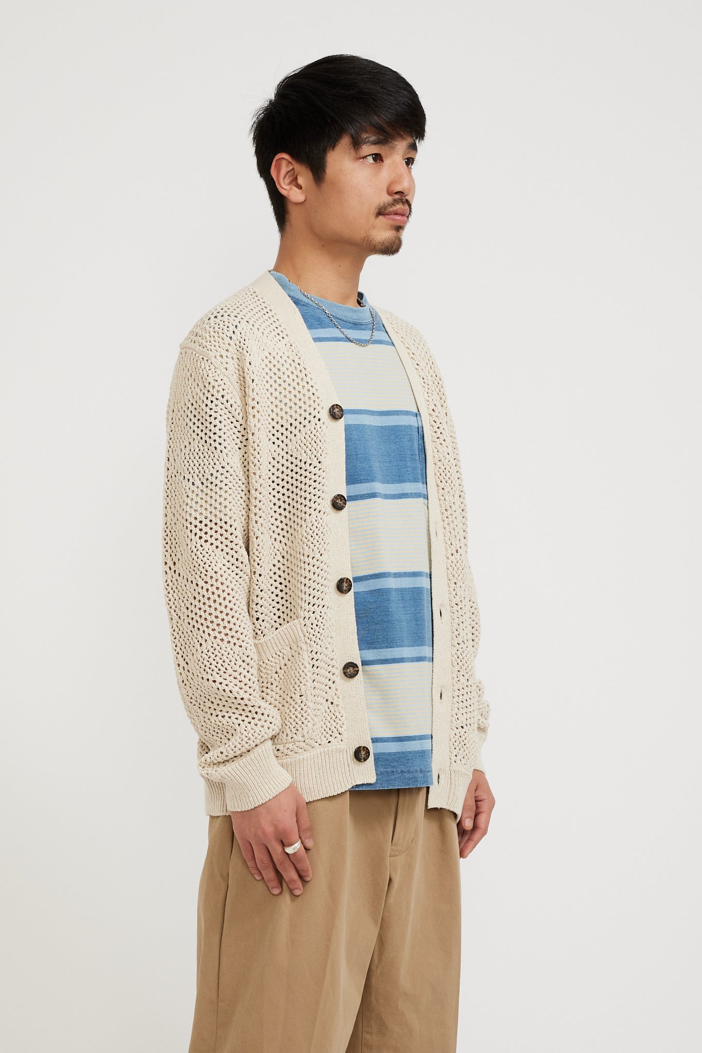 Beams Plus | Cardigan Argyle Mesh Beige | Maplestore