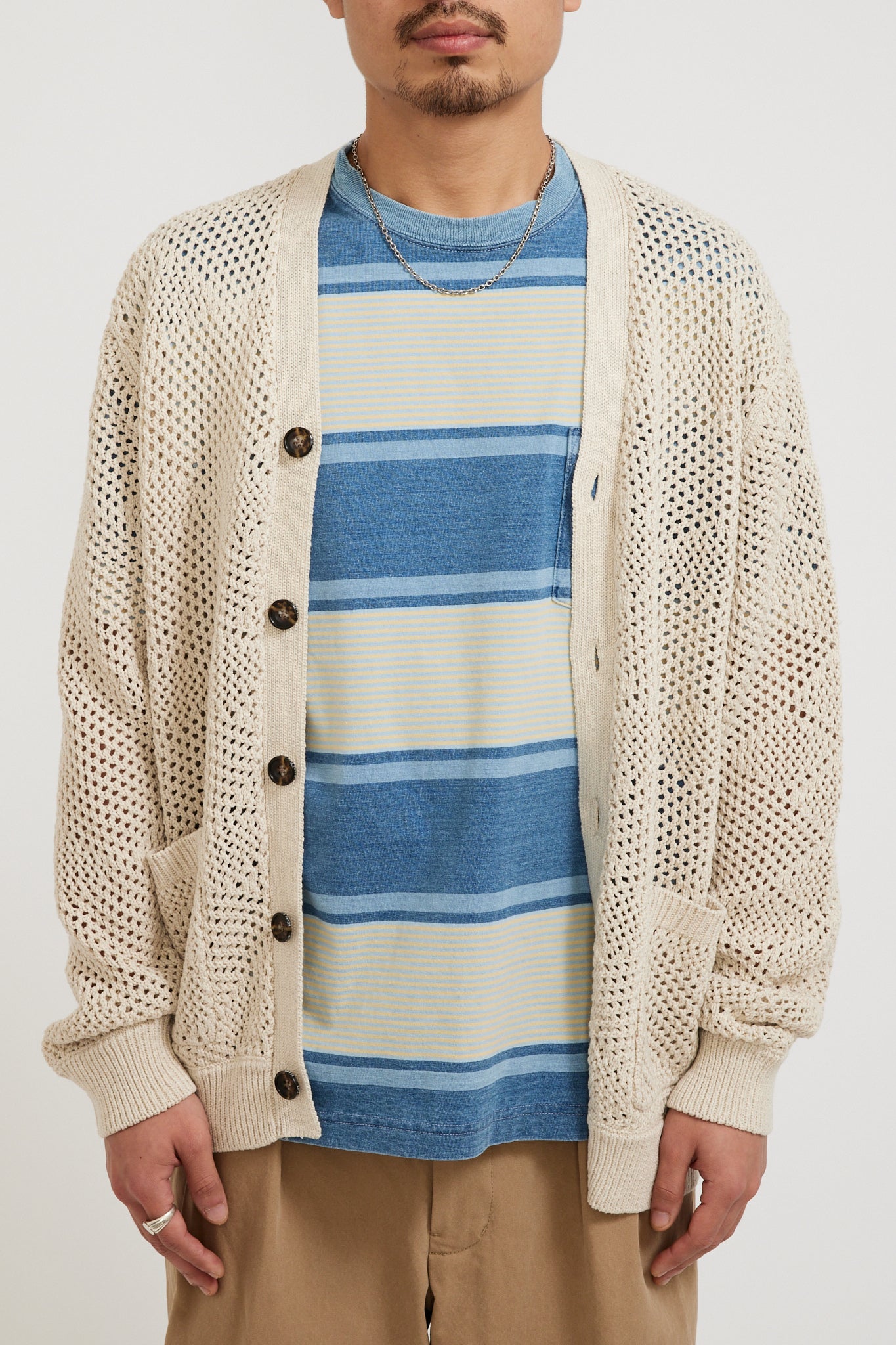 Beams Plus | Cardigan Argyle Mesh Beige | Maplestore