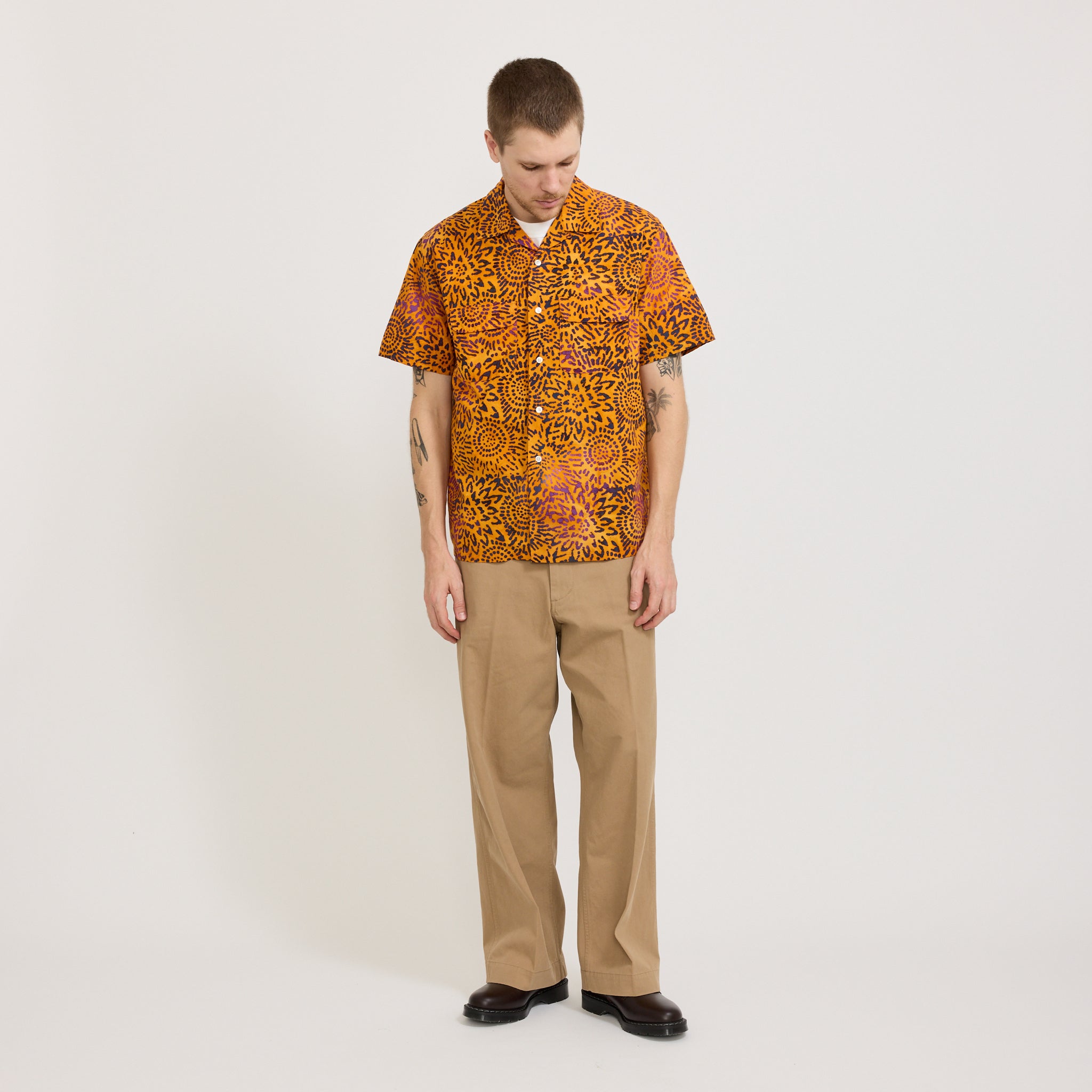 Open Collar Batik Print Shirt Orange