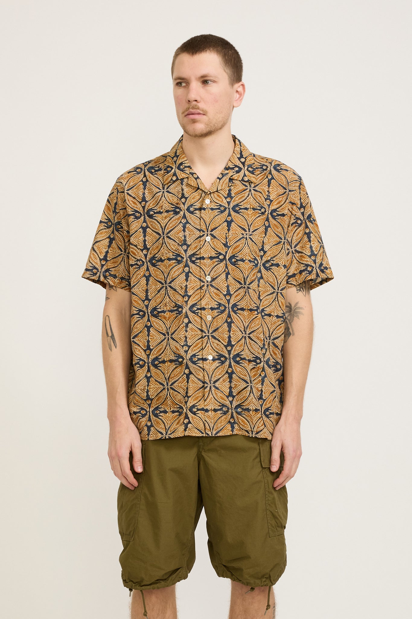 Beams Plus | Open Collar Block Print Shirt Blue | Maplestore