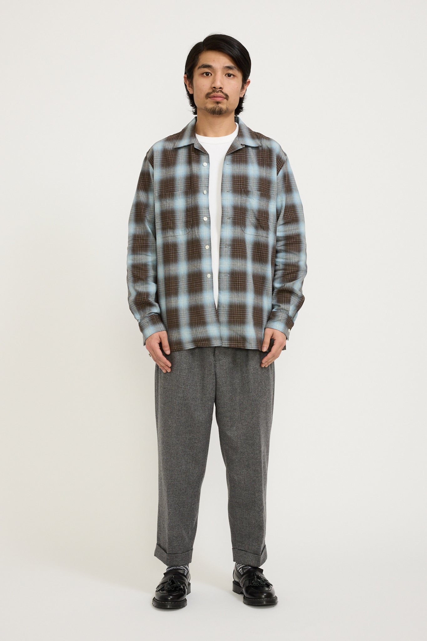 Open Collar Indigo Ombre Plaid Brown