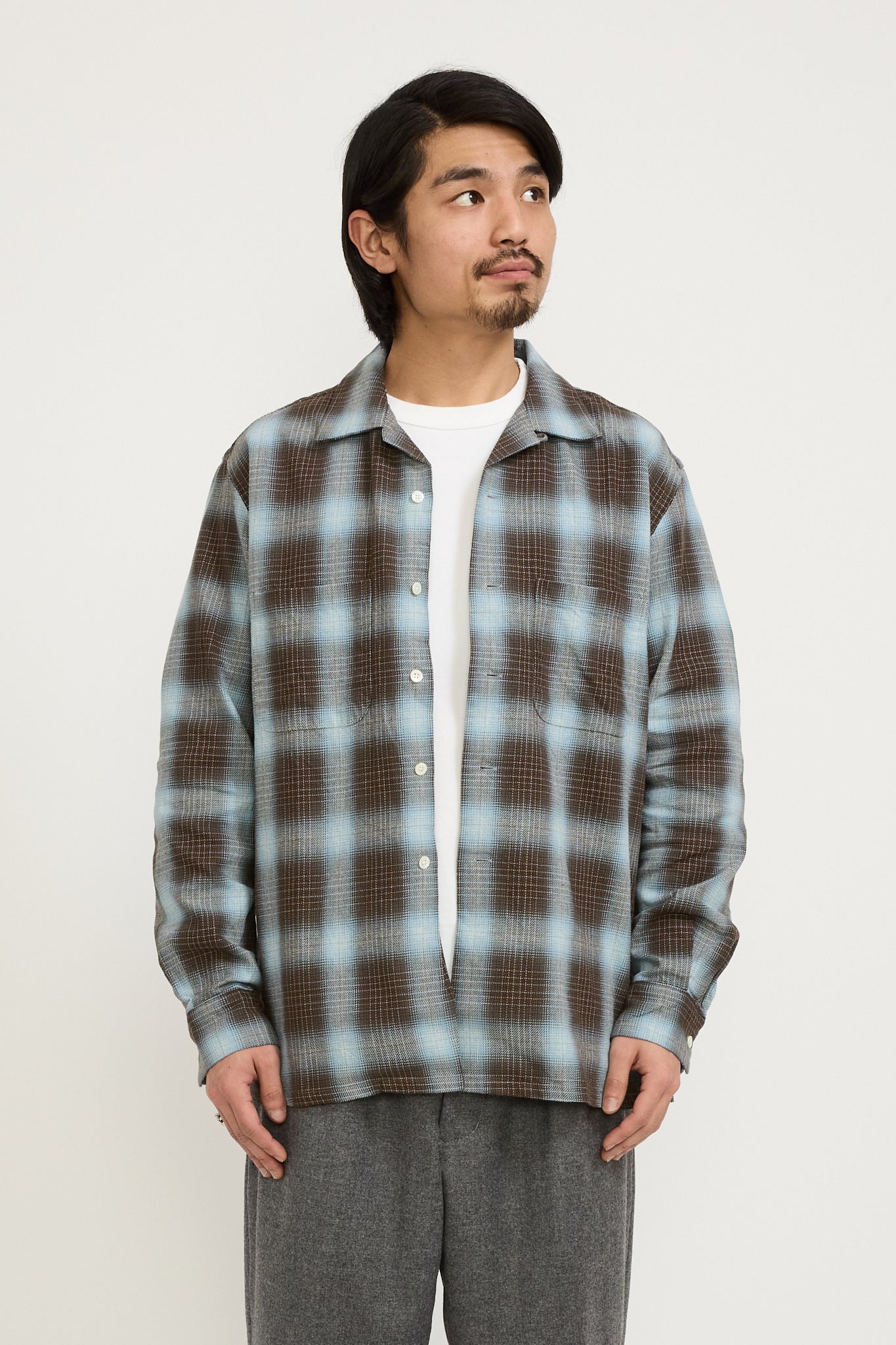 Open Collar Indigo Ombre Plaid Brown